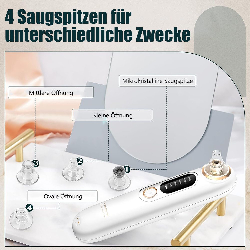 TUWENA Porenreiniger Elektrischer Mitesser-Reiniger, Porenreiniger mit 4 Saugspitzen, Für alle Hauttypen, zur Entfernung von Mitessern, Akne, Unreinheiten