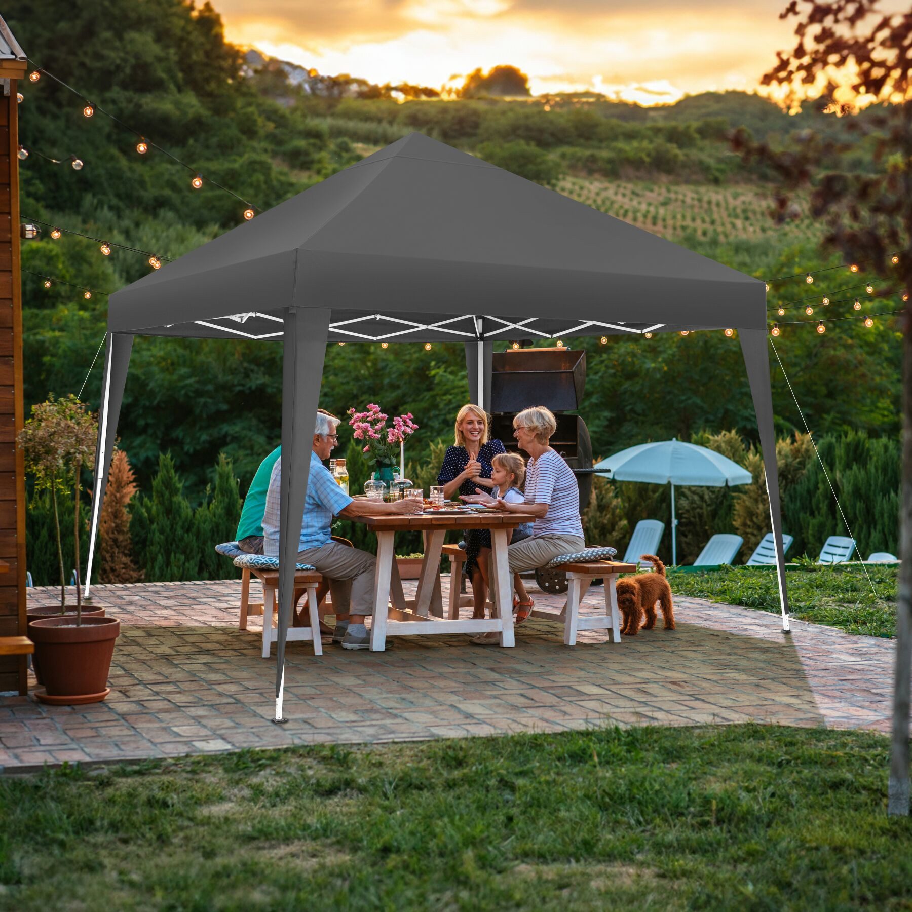 tectake Pavillon Rattan Gartenzelt, inklusive Spannseile, Heringe und Tragetasche, mit 0 Seitenteilen, (Partyzelt Linosa, in grau), 3 x 3 m, faltbar und wasserabweisend, höhenverstellbar, mit UV-Schutz