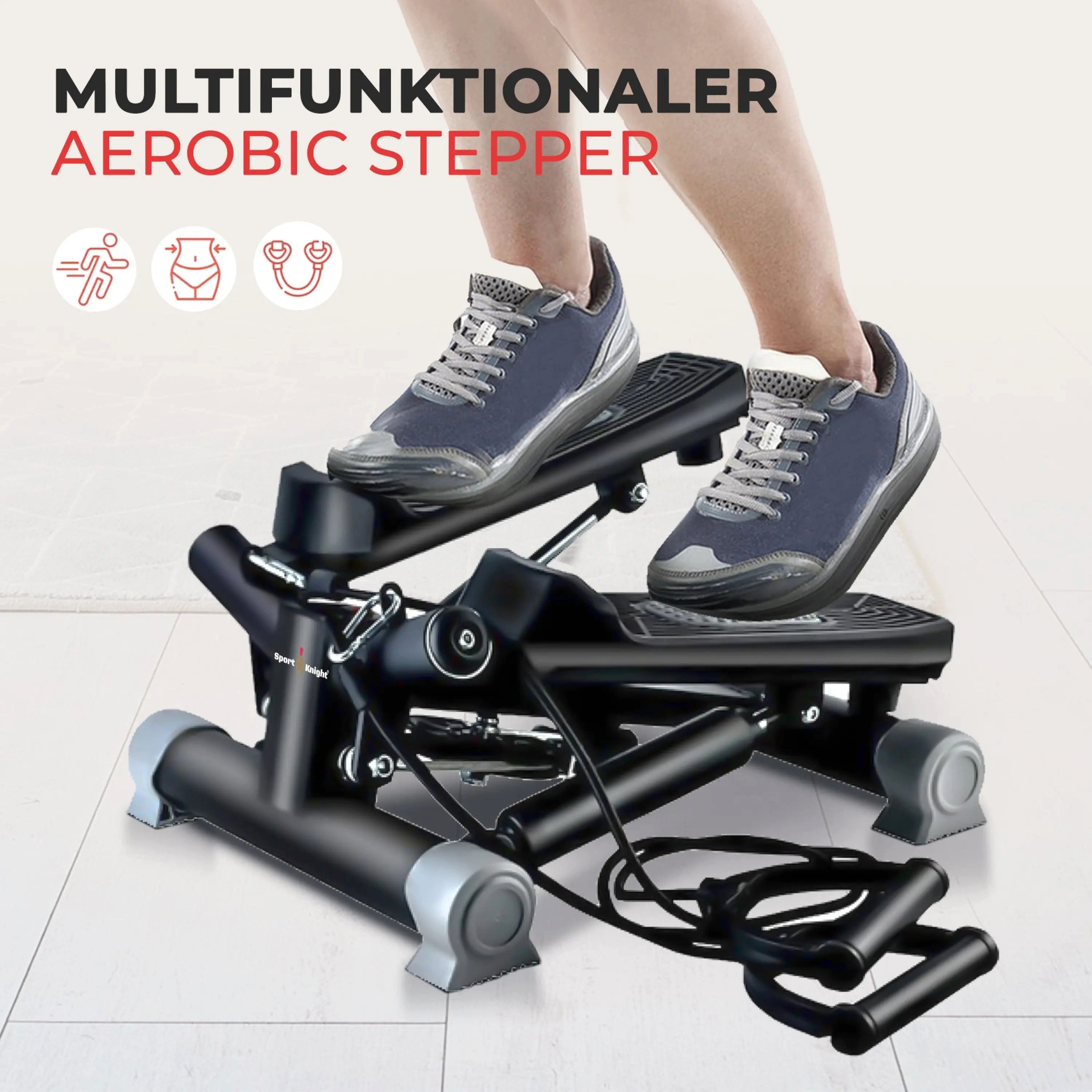 Sport-Knight® Mini-Stepper Aerobic Stepper mit Trainingsbändern - LCD-Monitor, Tempoanzeige, Twist-Stepper mit Resistancebändern und LCD-Trainingscomputer