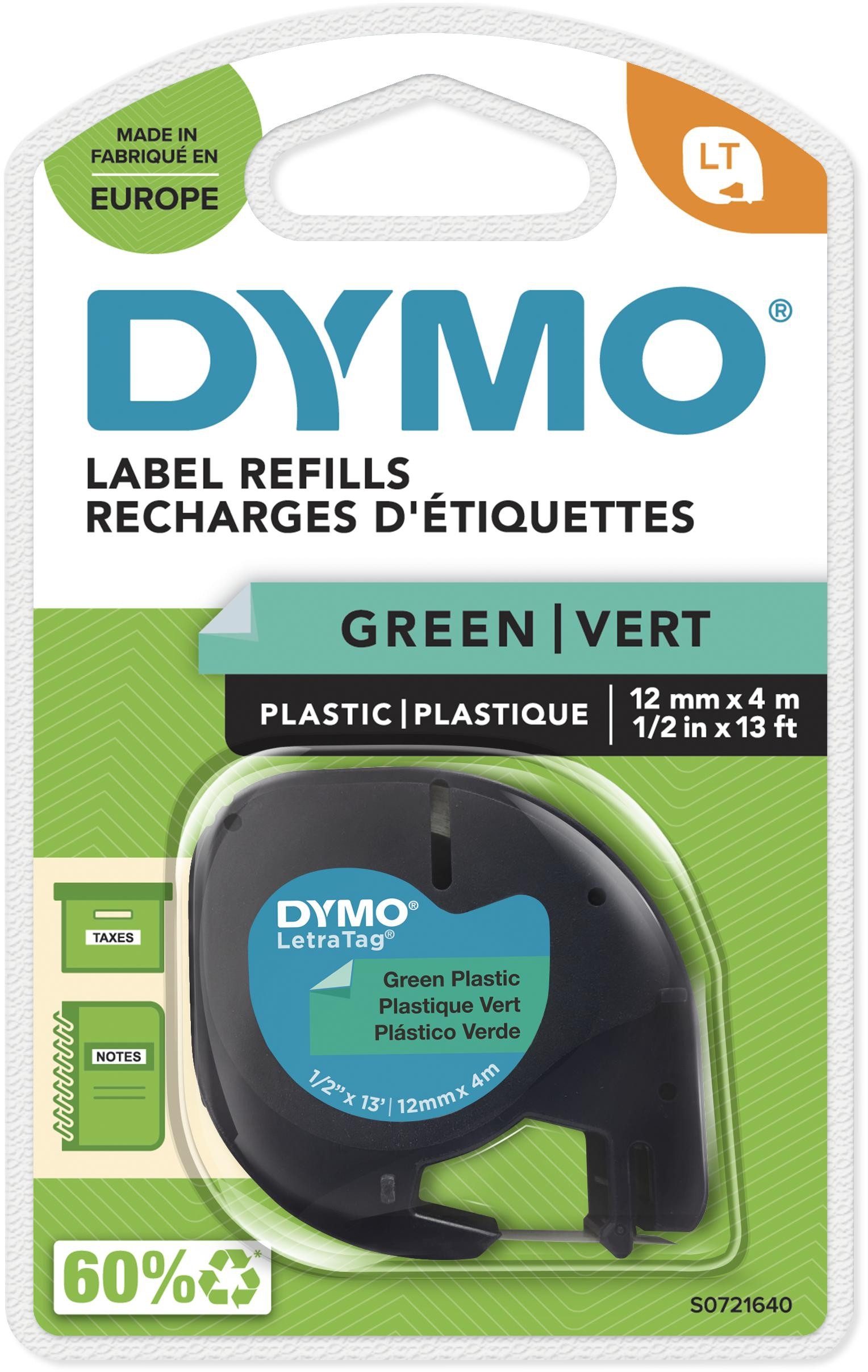 DYMO Beschriftungsband Etikettenband LetraTag 12mm x 4m schwarz auf grün (10 Stück)