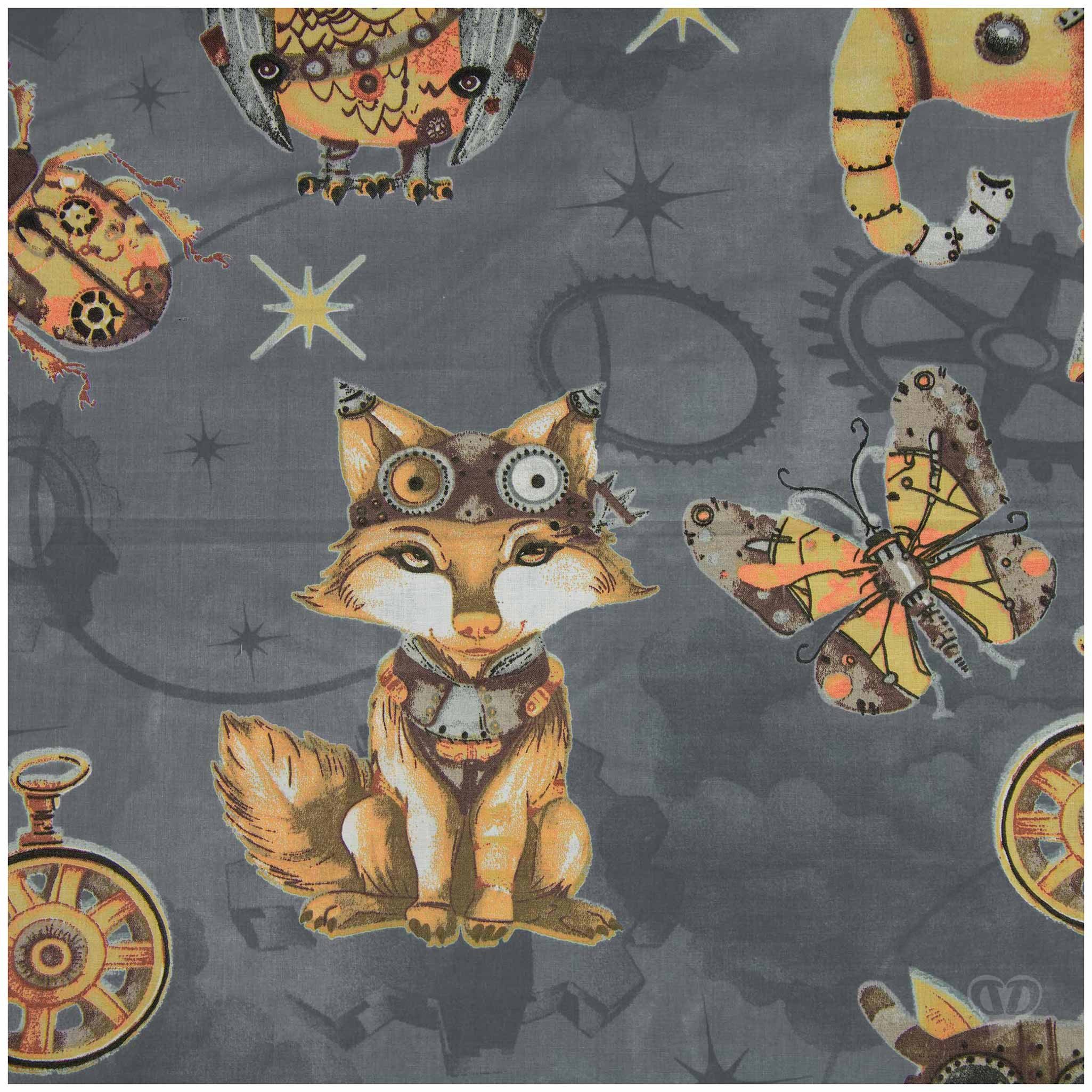 maDDma Stoff Baumwollstoff Steampunk Tiere Meterware Kinderstoff 100% Baumwolle, grau