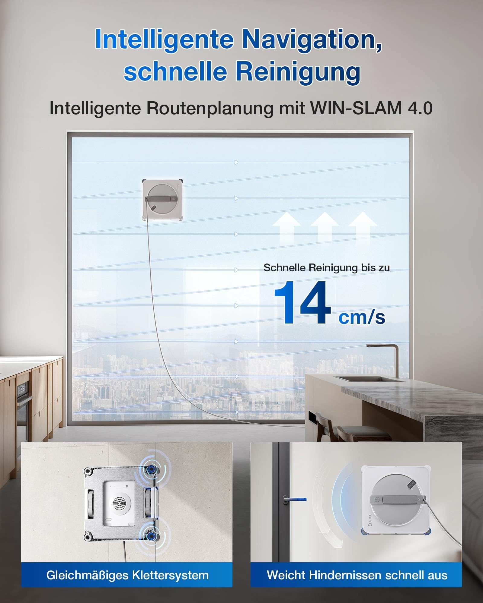 ECOVACS Fensterputzroboter WINBOT W2S, Fenstersauger Intelligente Bis-an-den-Rand-Reinigung, 3 Wasserdüsen, 10-stufiges Schutzsystem, Win-SLAM 4.0 Routenplanung weiß