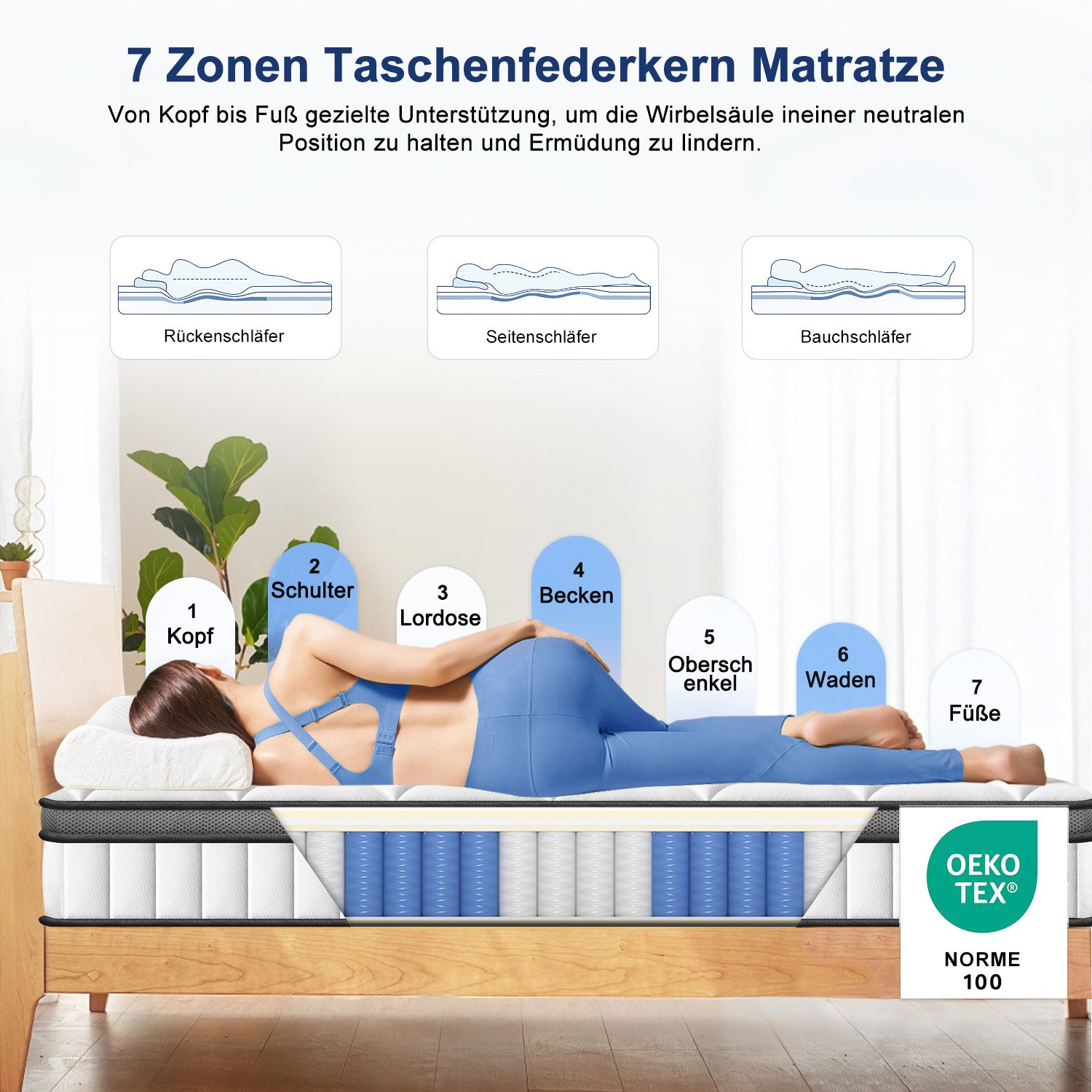 Taschenfederkernmatratze Matratze 90x200 cm Härtegrad H3, ergonomische 7 Zo günstig online kaufen