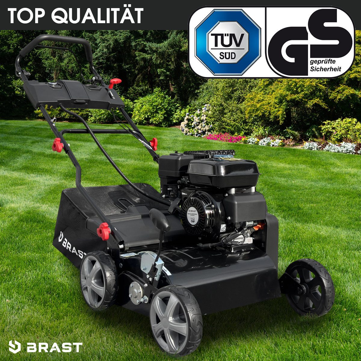 BRAST Benzin-Vertikutierer / Lüfter 4-Takt Motor 4,5kW (6,12PS) / 212cm³, TÜV geprüft, 40 cm Arbeitsbreite, (Elektrostart-Funktion, 16-Messer Vertikutier-Walze, 50 L Fangkorb), für Flächen bis 2.000 m²