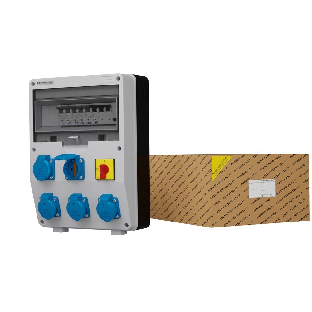 Doktorvolt Stromverteiler DV-S/FI 5x230V Nockenschalte Baustromverteiler Steckdosenverteiler 5-fach (5 x LSS C16 1P 10kA, Fi-Schalter SEZ 40A 30mA 4P Typ A)