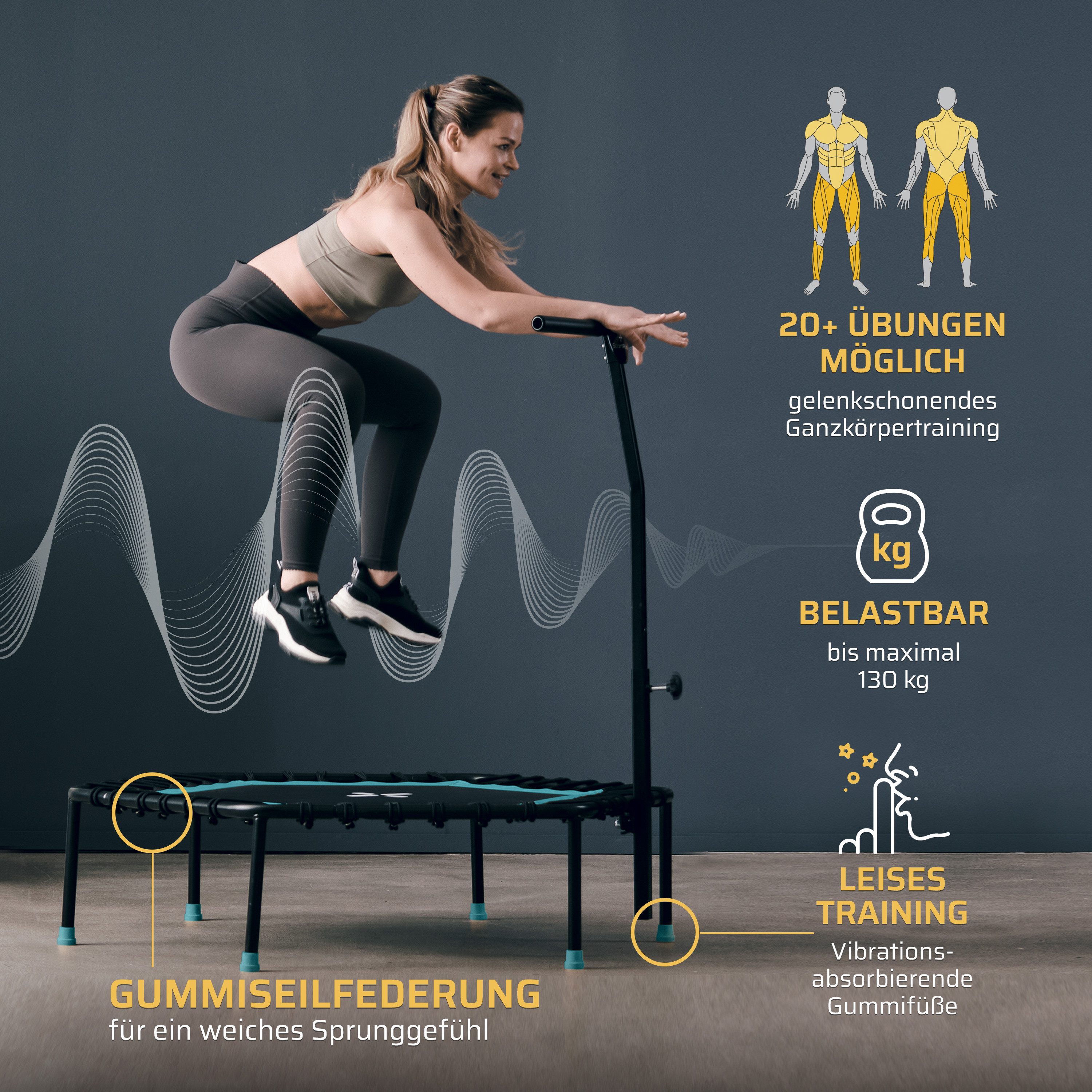 SportPlus Fitnesstrampolin SP-T-1100-T, Fitness Trampolin für zuhause, Fitnesstrampolin mit Haltefunktion