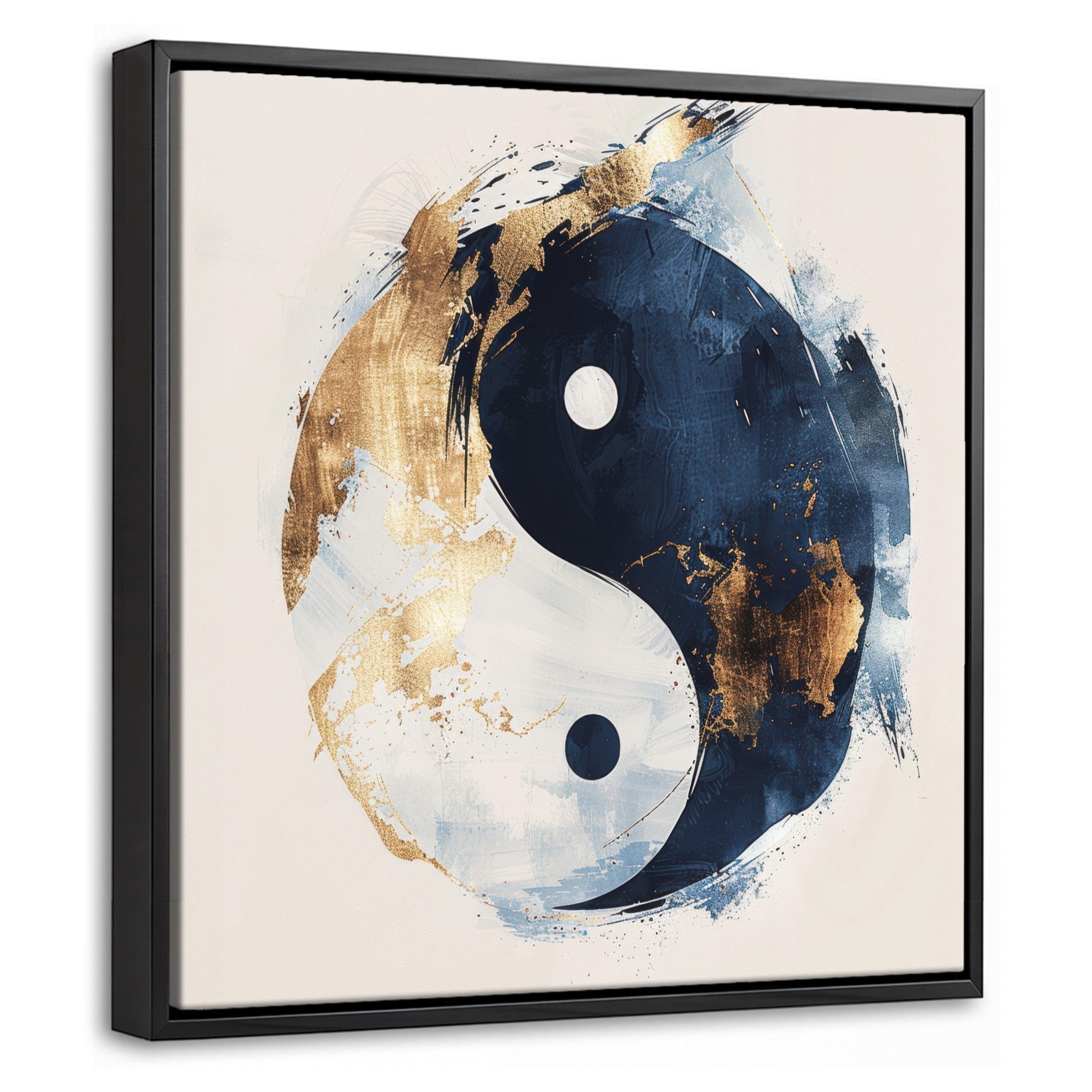 OneMillionCanvasses® Leinwandbild mit Rahmen - Yin Yang - Abstrakt - Schwarz - Weiß - Gold, Fotodruck (1 St), Leinwand Bilder Klein, Wand Dekoration Aesthetic 20x20cm