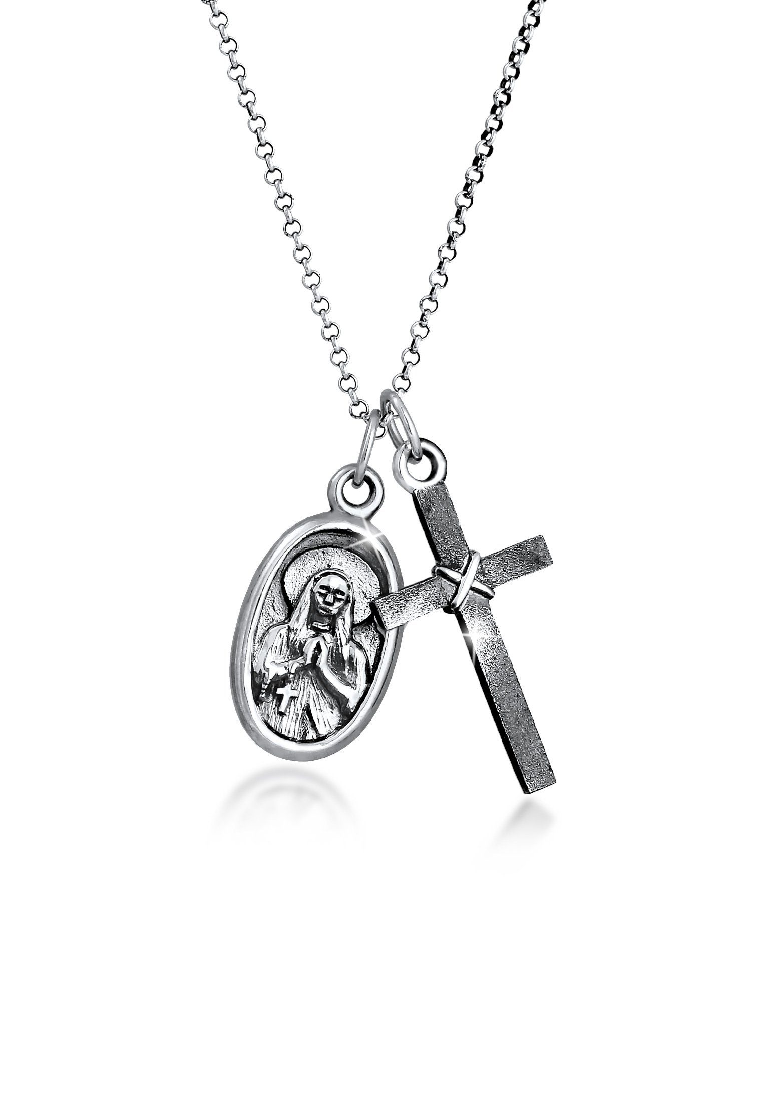 Kuzzoi Lange Kette Herren Marienbild Kreuz Schutz Symbol 925 Silber, Kreuz
