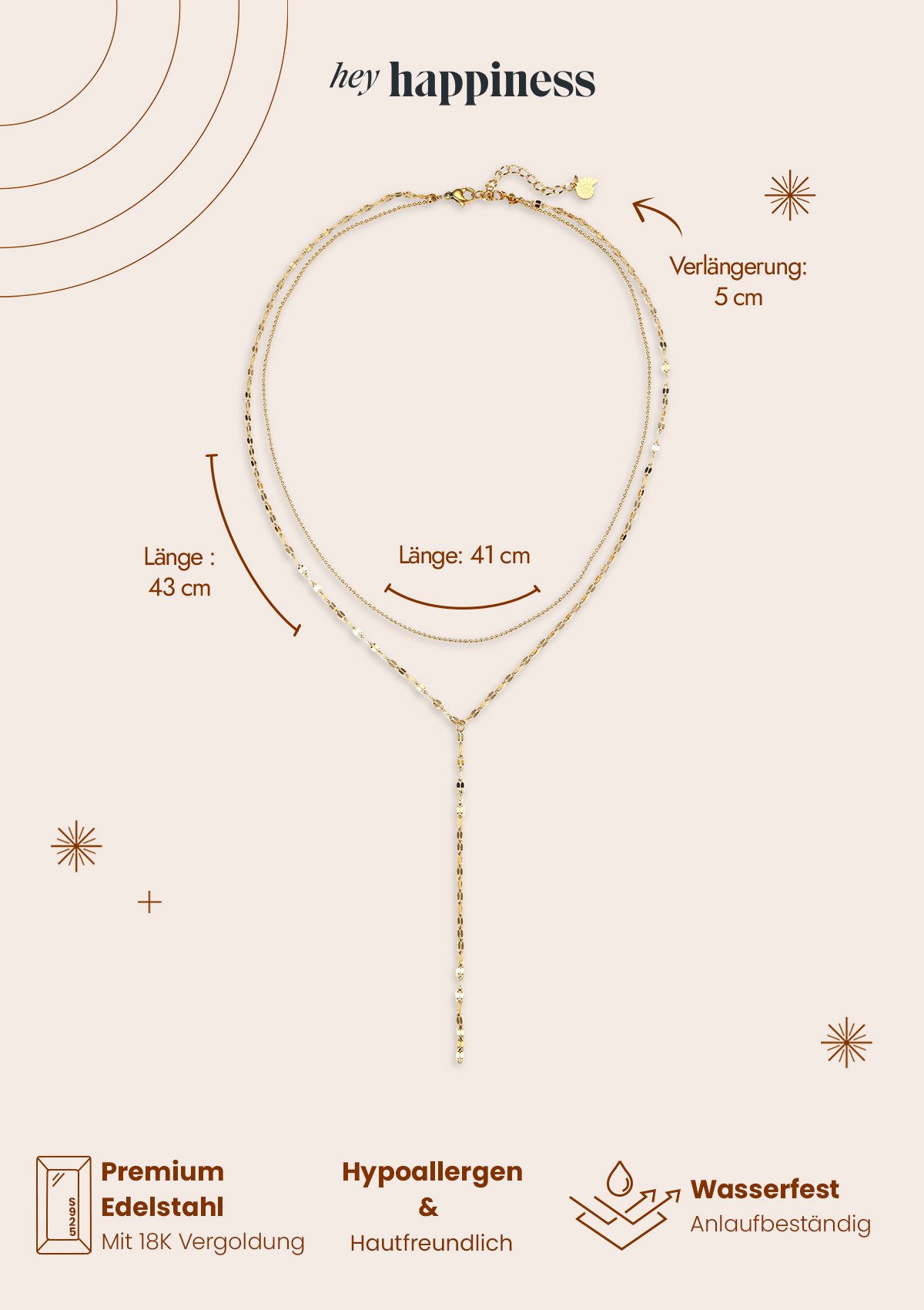 Hey Happiness Statementkette Vergoldete Y Layer Damen aus Edelstahl, Doppelte Rolo Erbskette, Gliedrige Y Kugelkette, wasserfest – Bild 5 von 5