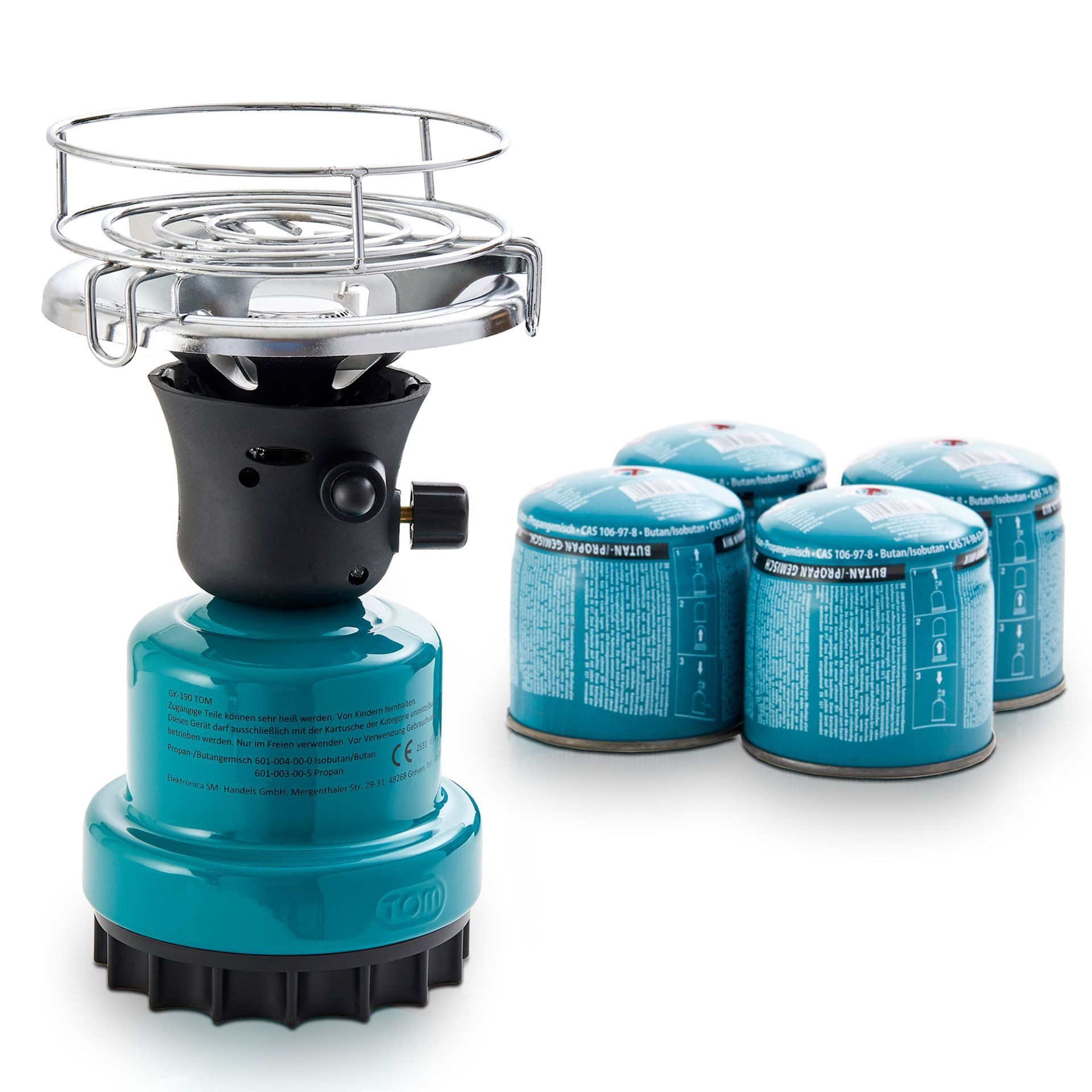 TOM Gaskocher Campingkocher mit 4x190g Gas Kartuschen CG-190 Butan Gas, (5-St), 1100W, Piezozündung, Windschutz, Stechkartuschen, Kartuschen Kocher