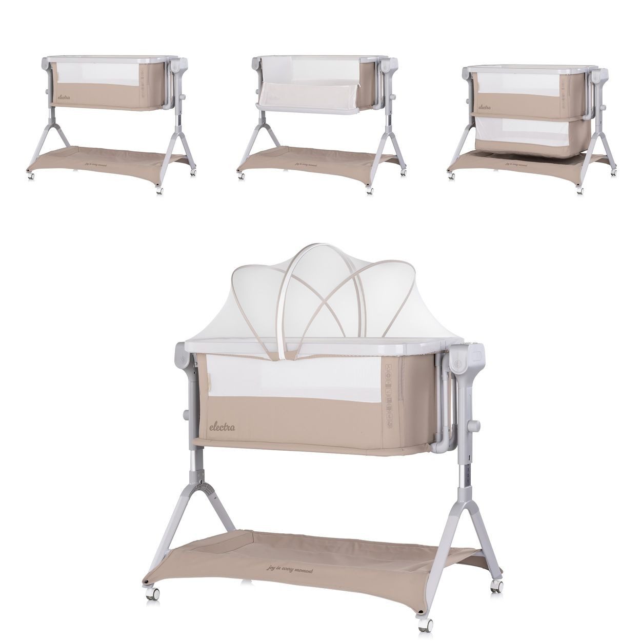 Chipolino Komplettbett Electra, 113 x 72 cm, Schaukelfunktion, 5-fach verstellbar, Moskitonetz, Korb