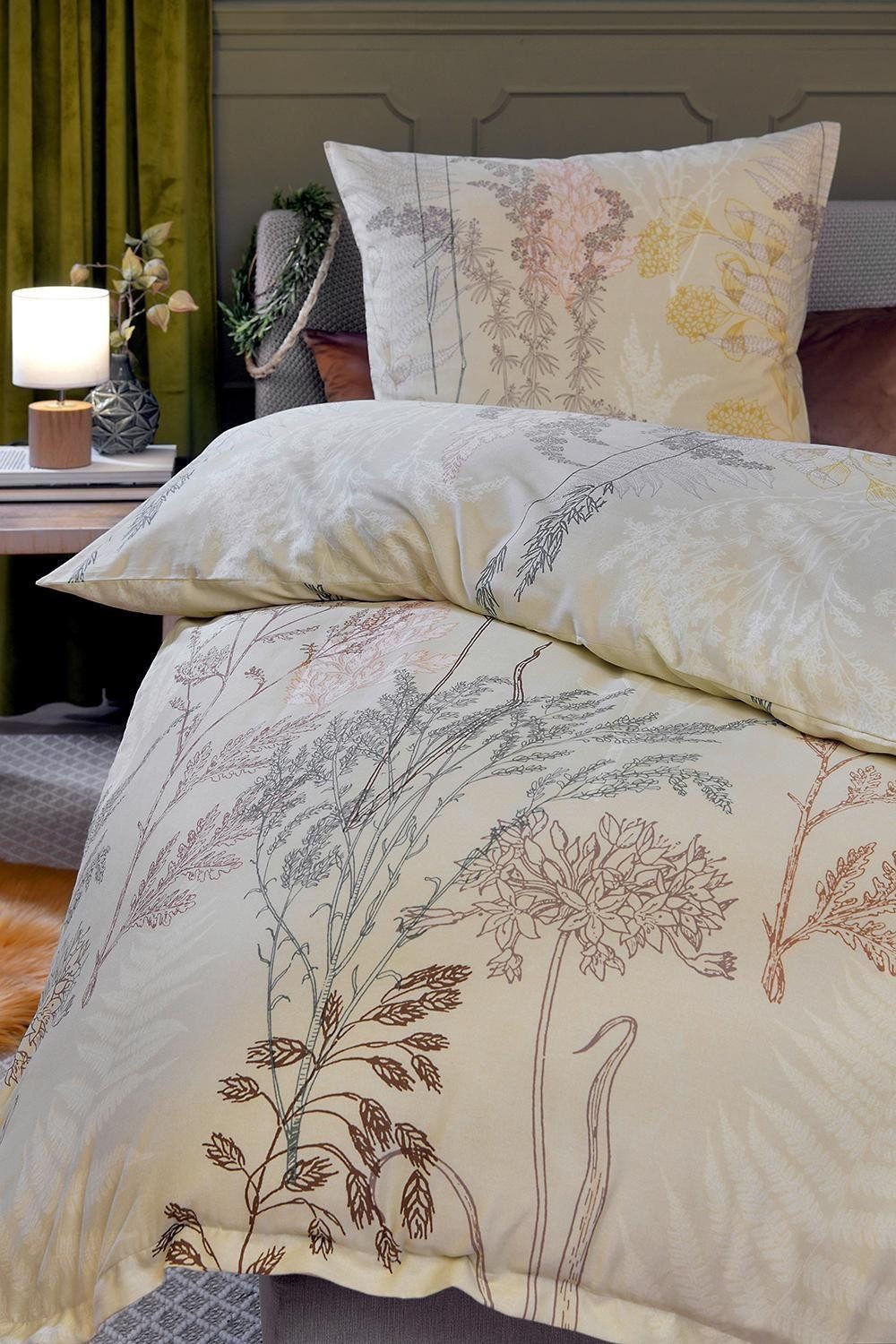 casa NOVA Bettwäsche CAROL, 135 x 200 cm, Beige, Braun, Gelb, Satin, 2 teilig, florales Muster, mit Reißverschluss