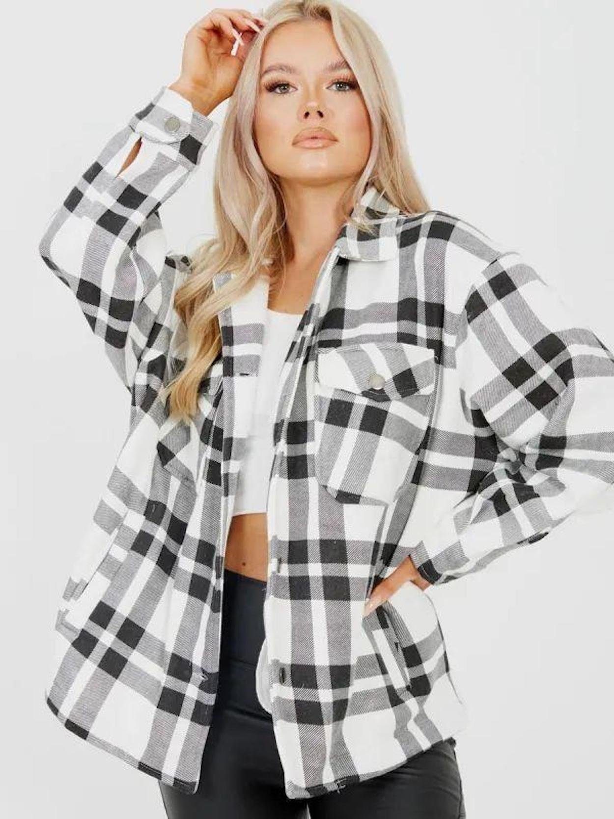 Worldclassca Flanellhemd Worldclassca Oversized Karo Hemd Hemdjacke Kariert Holzfällerhemd Weiß