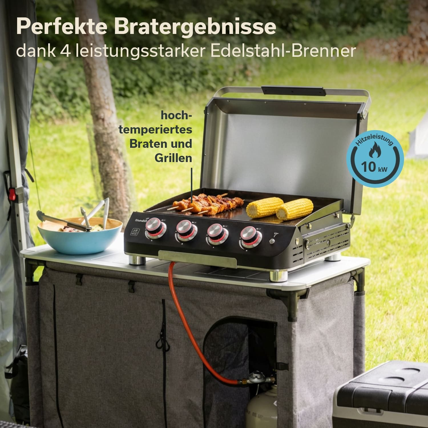 Skandika Camping-Gasgrill Plancha Grill Palo 4-Brenner Plus, Gasplancha Grillplatte mit Deckel, 4 Brenner, transportabler Gasgrill mit Kochplatte, Höhenverstellbare Füße, Seitliche Belüftungsöffnungen