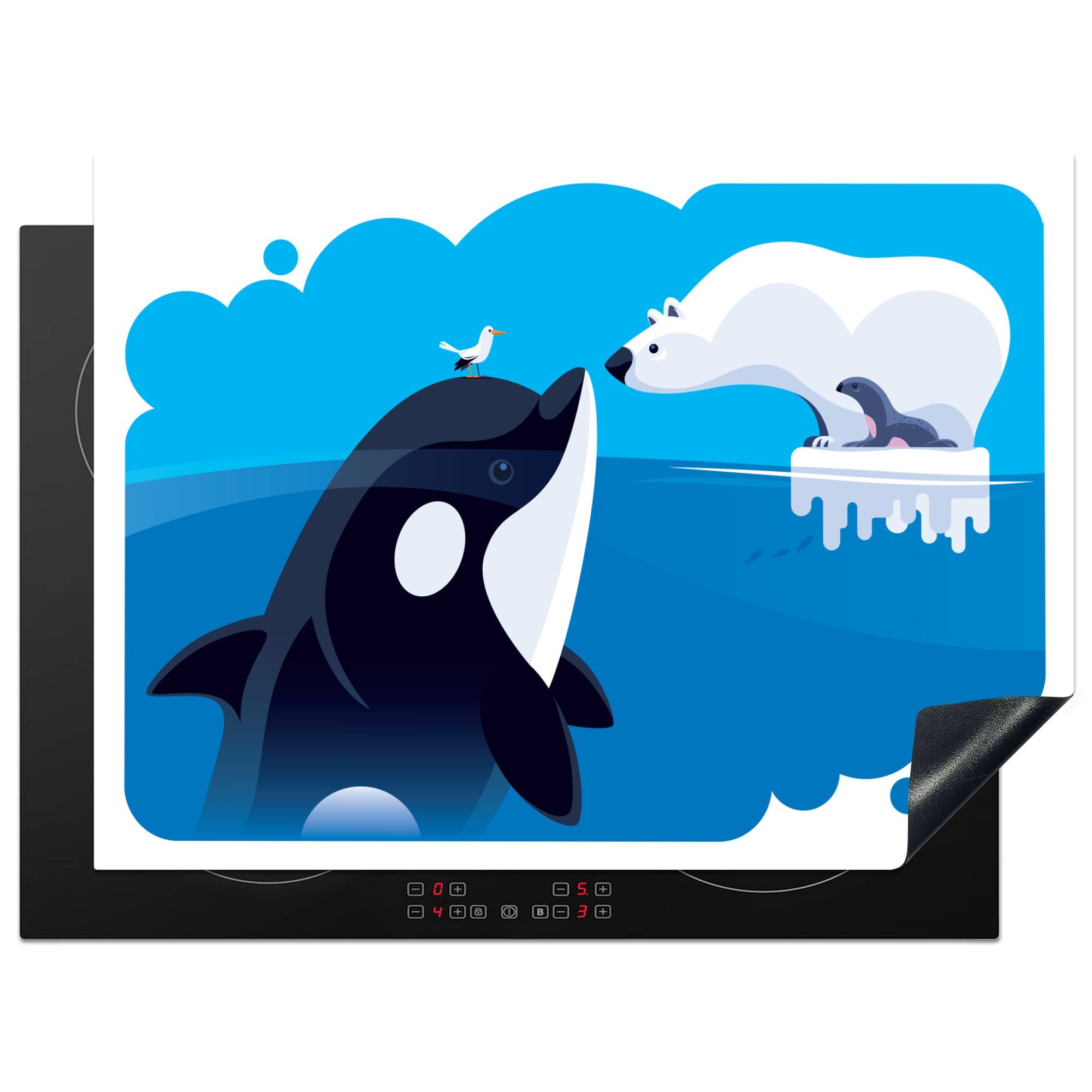 MuchoWow Herdblende-/Abdeckplatte Illustration eines Eisbären und eines Orcas, Vinyl, (1 tlg), 70x52 cm, Mobile Arbeitsfläche nutzbar, Ceranfeldabdeckung