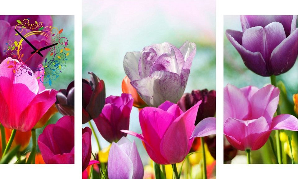 Conni Oberkircher´s Bild mit Uhr May Colours - lila Tulpen, Blumen (Set),  mit dekorativer Uhr, Frühling, Natur, Sonne