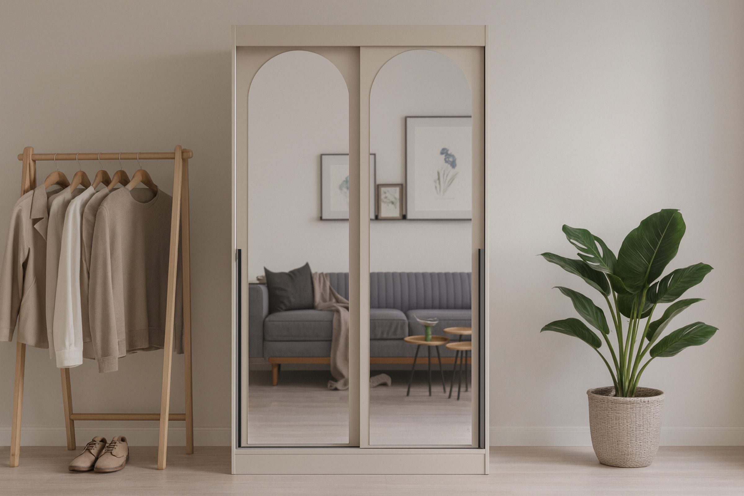 Deine Möbel 24 Schiebetürenschrank MOSSA 120 cm breit mit Spiegel (ideal für Schlafzimmer, Flur & Garderobe, 1-St., Schwebetürenschrank 120 cm breit) Kleiderschrank in Weiß, Schwarz Cashmere