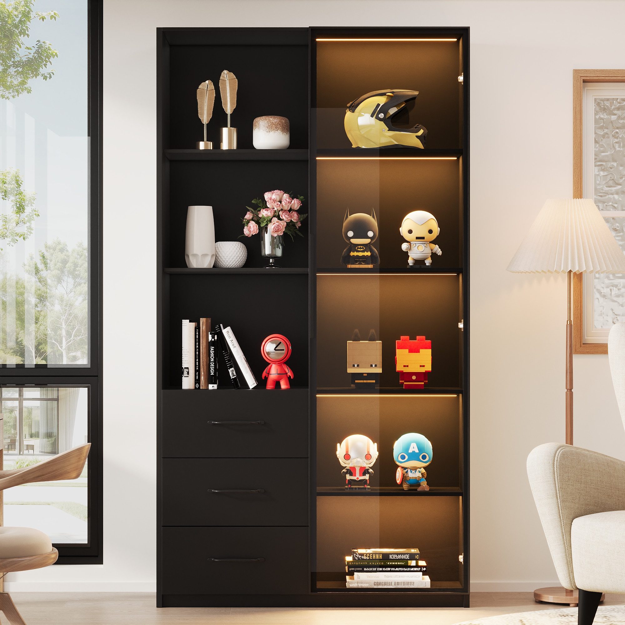 Flieks Vitrine Glasvitrine mit LED-Beleuchtung, Glastüren und Schubladen (80x40x160 cm, 1-St., Schrank für Wohnzimmer, Arbeitszimmer, Schlafzimmer und Büro) Hochschrank Bücherschrank Küchenschrank mit 8 Fächern Schwarz