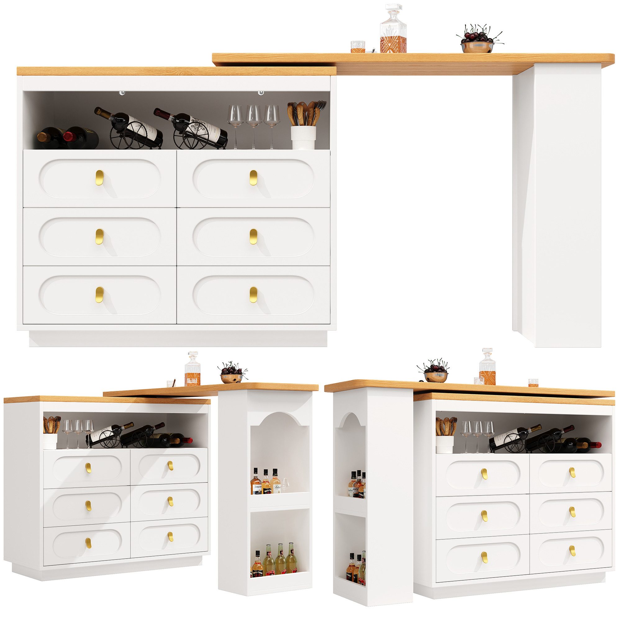 MODFU Bartisch Moderner Rollbarer Bar Tisch (mit Schubladen und Snack-Regal, 1-St., 137-203×39×90cm), 360° drehbare Essbar mit Stauraum