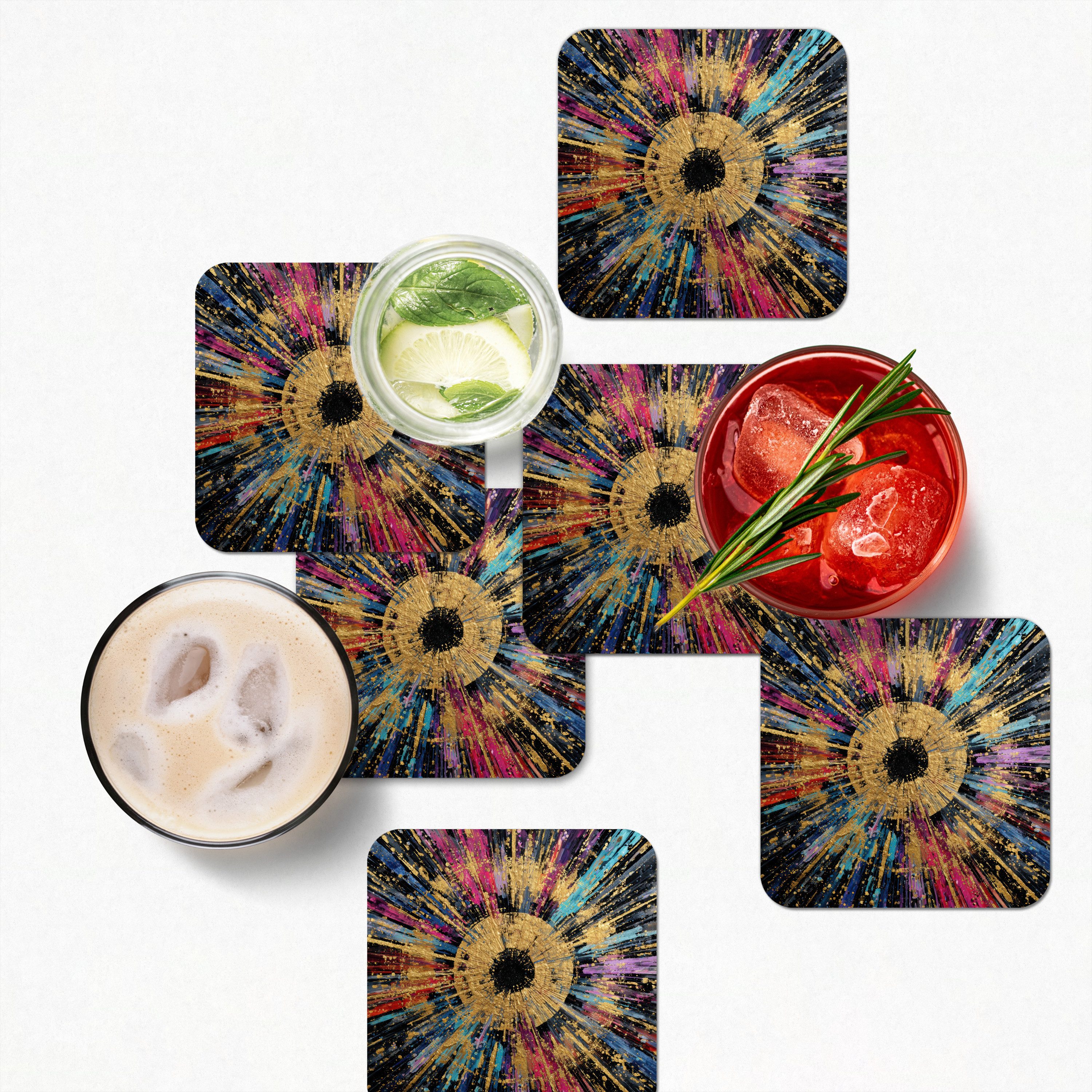MuchoWow Glasuntersetzer Explosion - Gold - Bunt - Abstrakt, Zubehör für Gläser, 6-tlg., Tassenuntersetzer Kork, Quadrat, Untersetzer Set Gläser, 10x10 cm