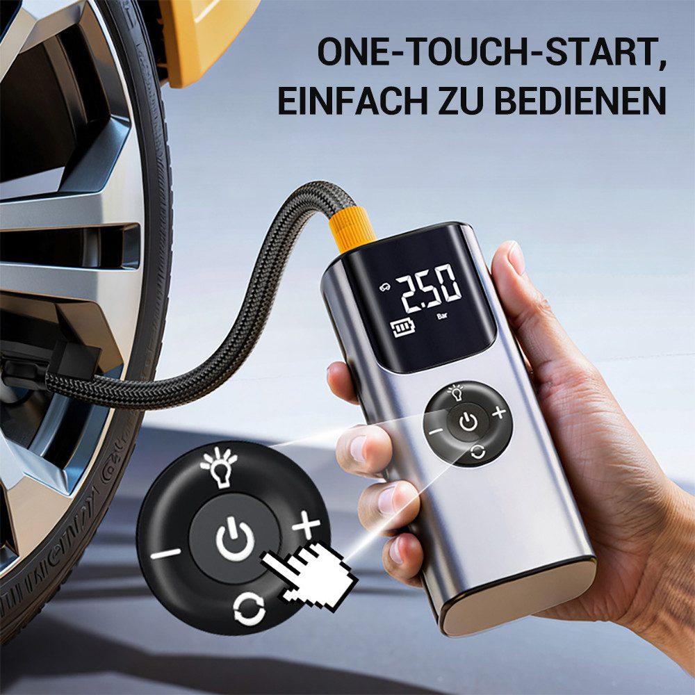 Quntis Akku-Luftpumpe 4000 mAh 150 PSI Elektrische Luftpumpe mit Bildschirm, Mit USB & Licht (Set, 1-tlg), für Camping und Fahrrad, als Taschenlampe und Powerbank