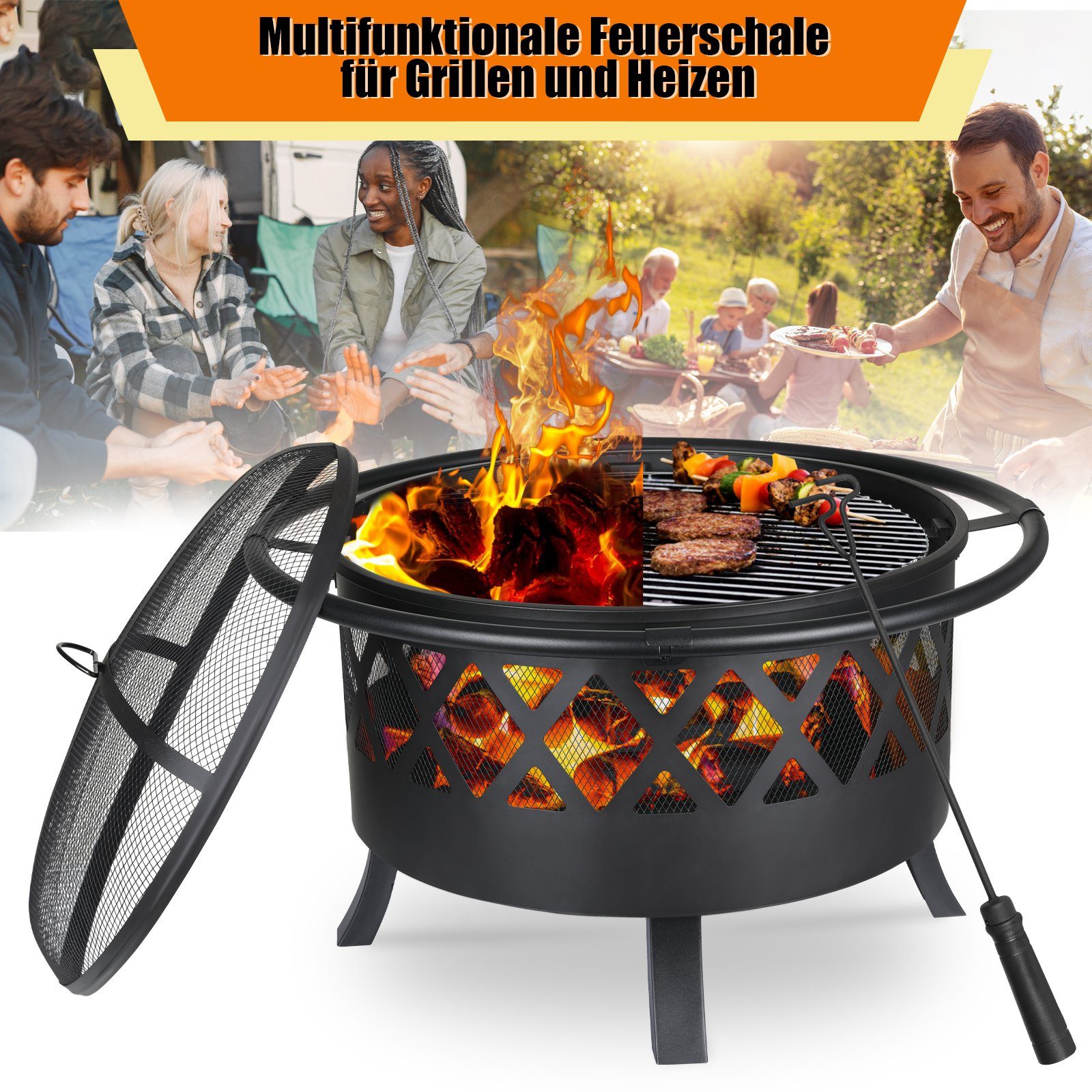 TLGREEN Feuerschale Feuerschalen für den Garten, Feuerschalen mit Grillrost, mit Funkenschutz, Ø81cm Feuerstelle