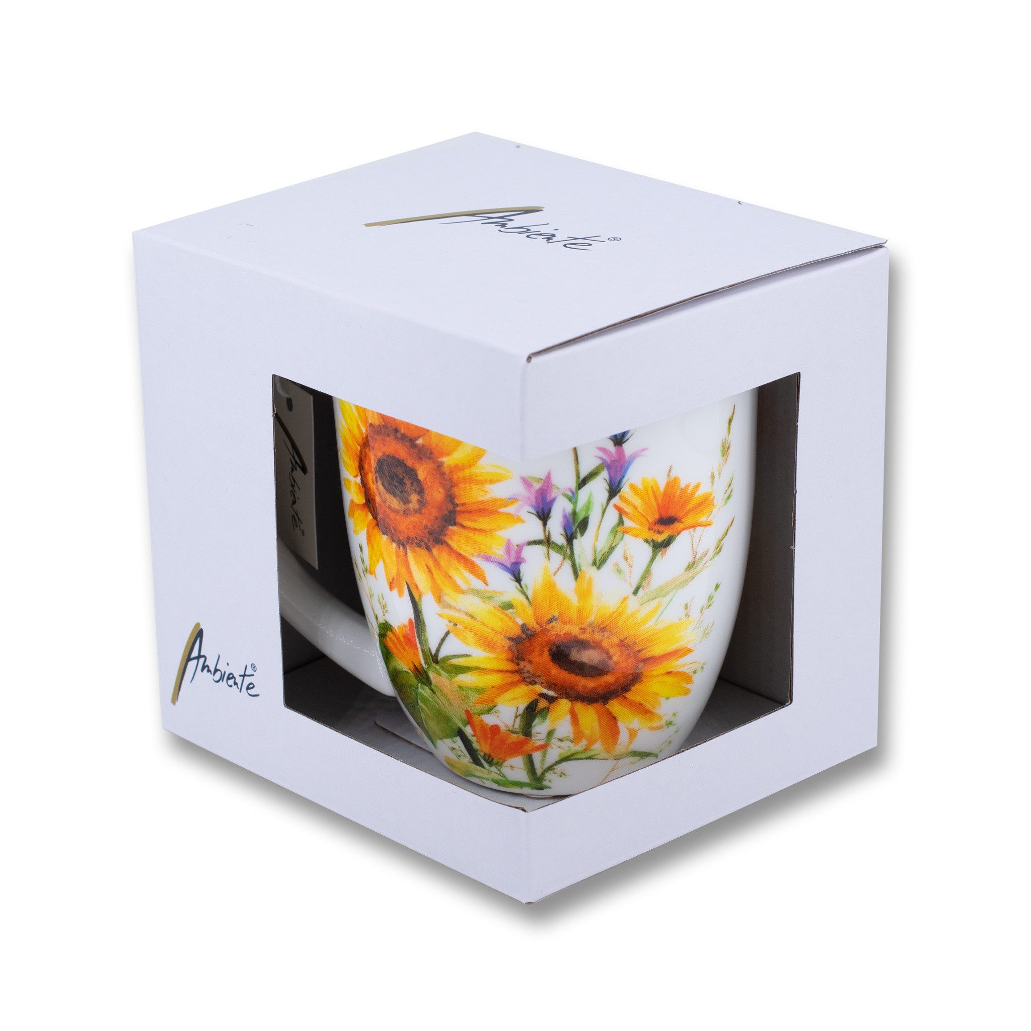 Ambiente Luxury Paper Products Tasse, Keramik, Tasse 10cm Porzellan mit Sonnenblumen Motiv Weiß / Gelb