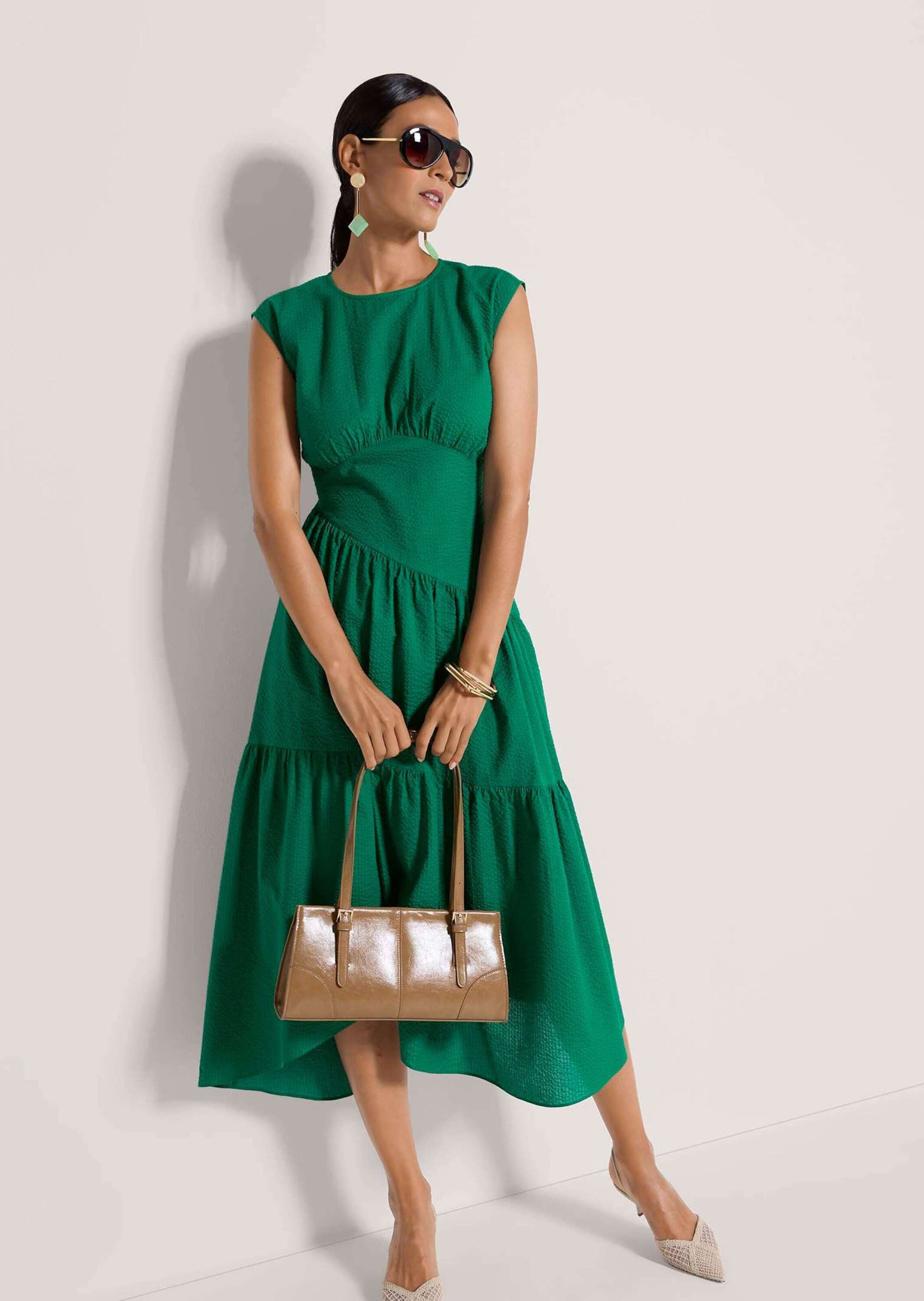 MADELEINE Maxikleid Baumwollkleid mit Stufenrock Sommerkleid mit Rundhals, Wadenlänge und überschnittenen Schultern