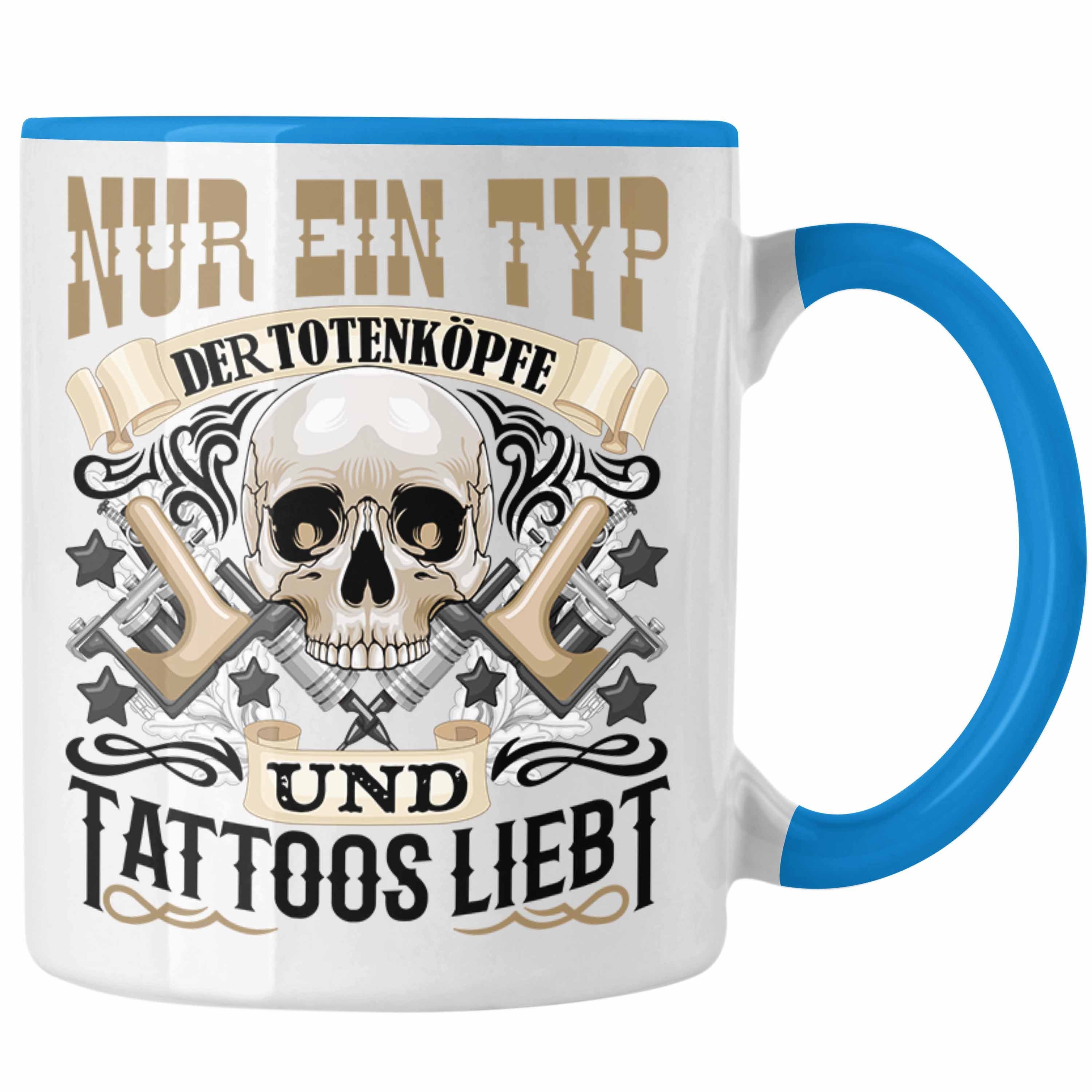 Trendation Tasse Trendation - Totenköpfe und Tattoos Tasse Mann Männer Geschenk Tattoow Blau