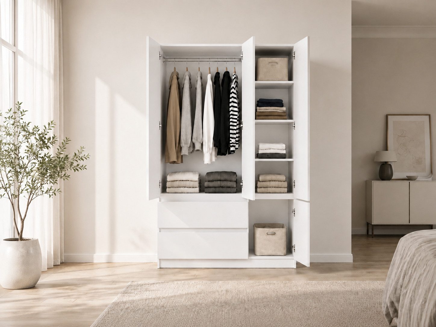 MOEBLO Drehtürenschrank LOSKO 4D2S (Kleiderschrank -120 cm breit, mit 4 Türen, 2 Schubladen, 5 Einlegeböden und Kleiderstange, grifflos) (BxHxT): 120 x 180 x 50 – Bild 2 von 5