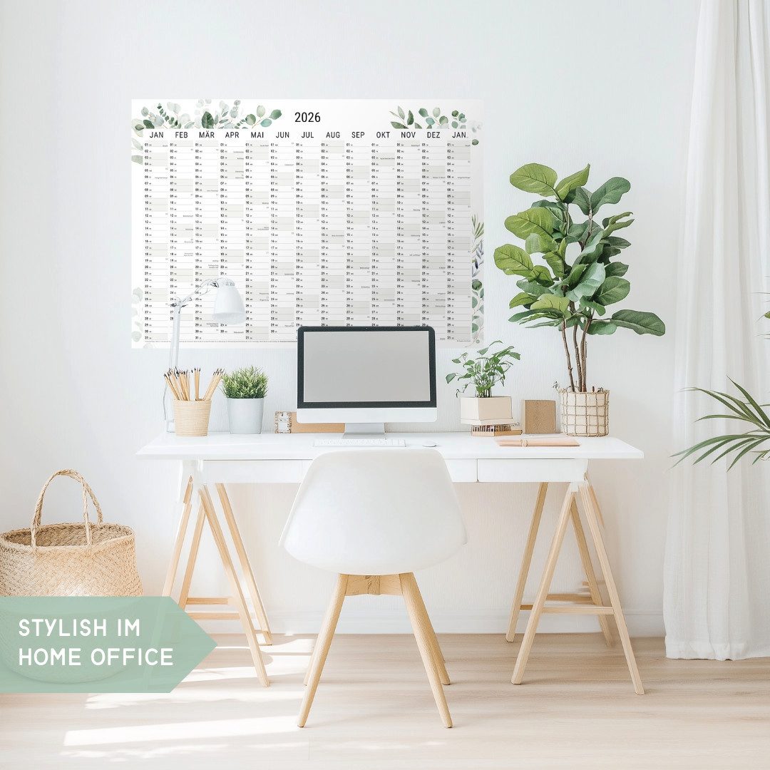 heaven+paper Jahresplaner A1 Wandplaner 2026 Green Querformat, hochwertig verarbeitet & modern, Hergestellt in Deutschland