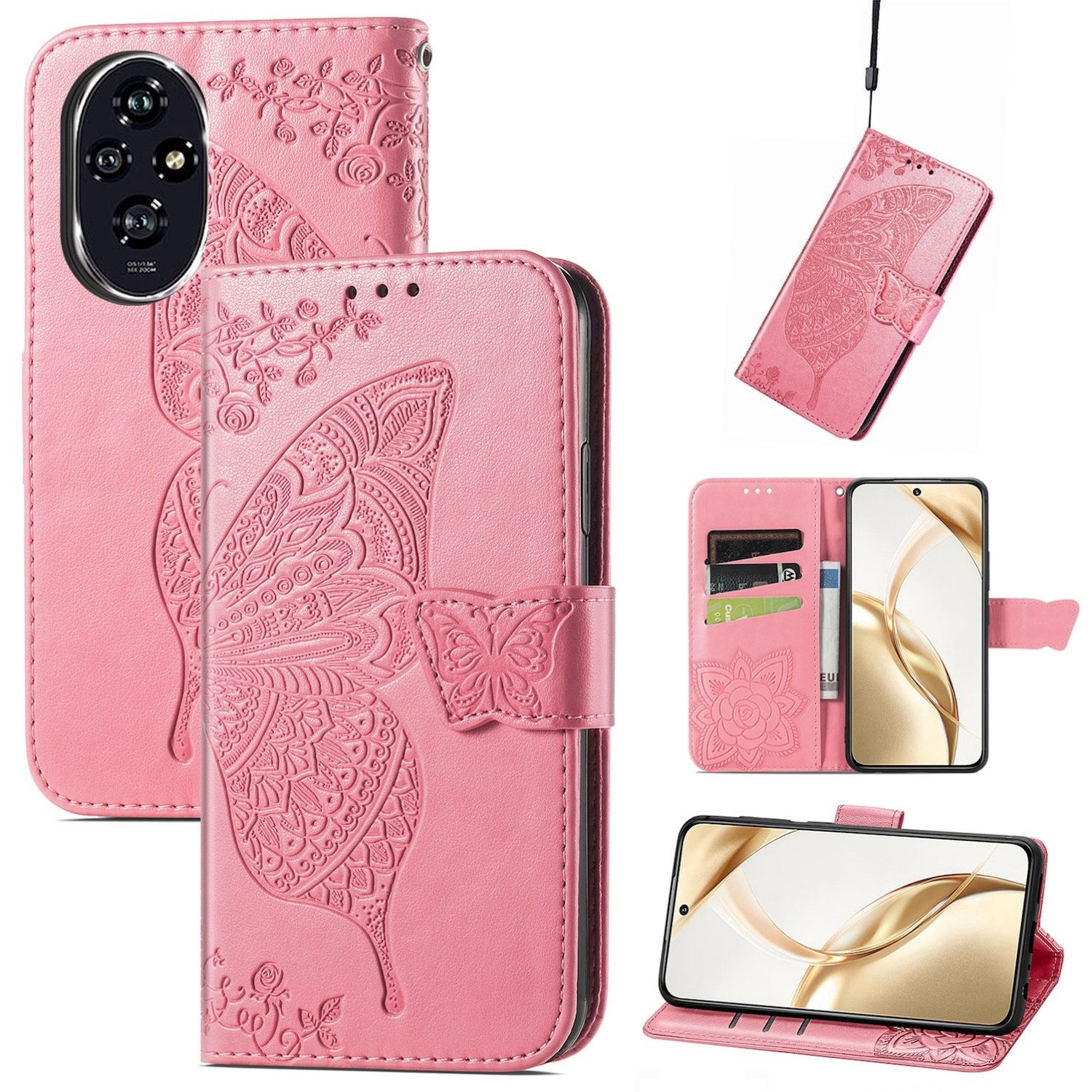 Wigento Smartphone-Hülle Für Honor 200 Kunstleder Wallet Tasche Design Schmetterling Hülle Pink, Kunst-Leder Schutzhülle Smart Case Cover magnetischer Verschluss