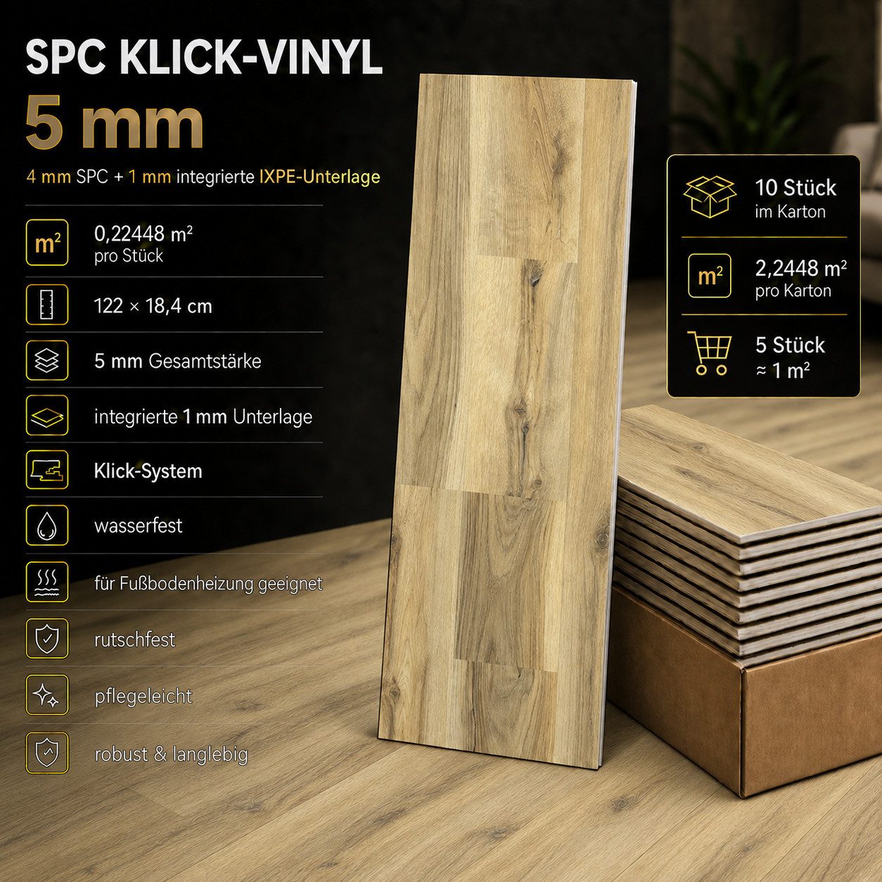 Berti Graf Designboden SPC Vinylboden 5 mm Klick wasserfest mit Trittschalldämmung, kleberfrei, pflegeleicht – Bild 3 von 5