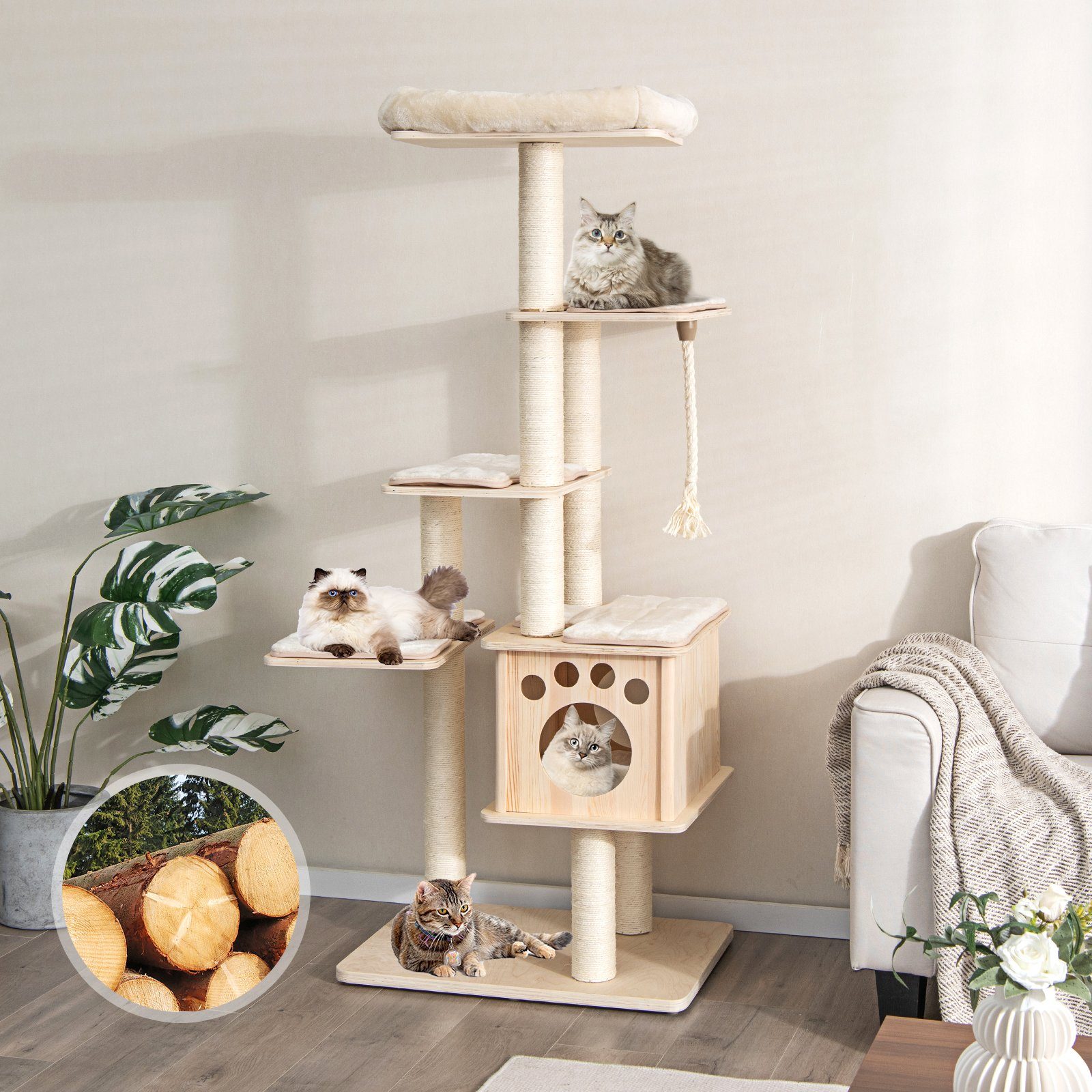COSTWAY Kratzbaum Katzenbaum, aus Massivholz, Sisal, 170cm