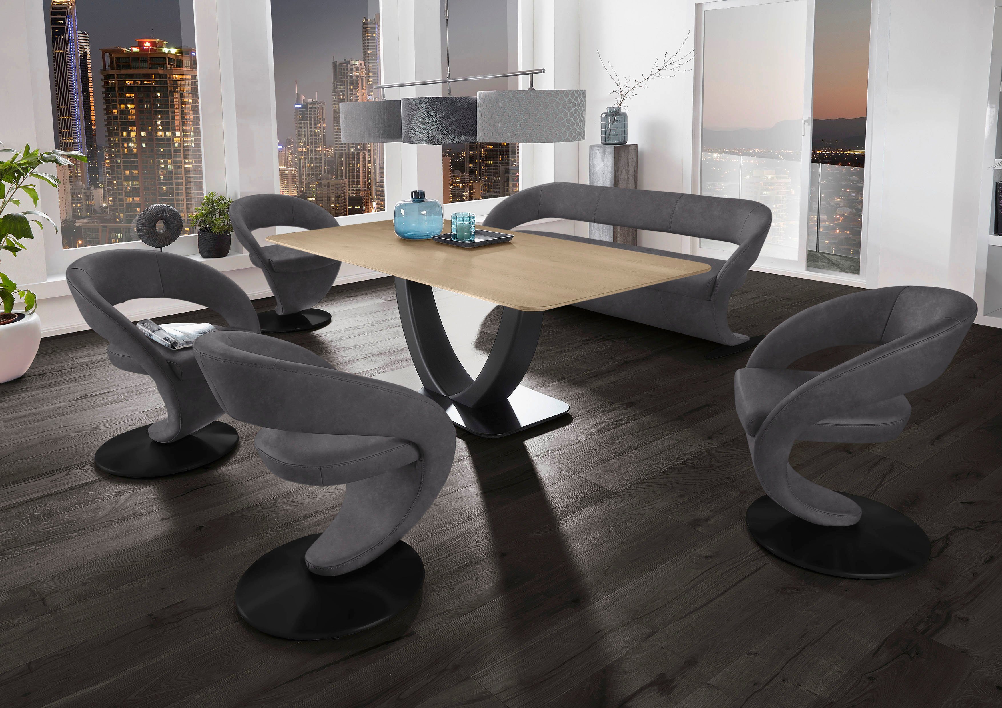 K+W Komfort & (Set), 180x90cm in Wave, Design-Drehstühlen mit Essgruppe und Wohnen Tisch Design-Solobank 4