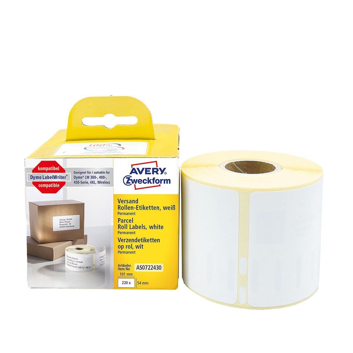 Avery Zweckform Thermorolle AS0722430, entspricht DYMO® S0722430, 220 Versand-Etiketten 54/101 mm