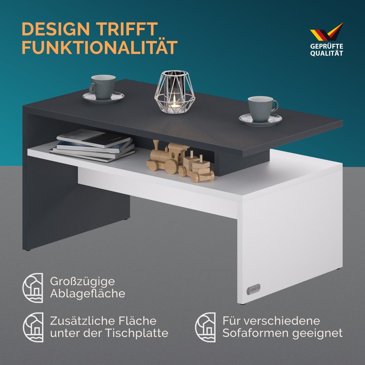 Casaria Couchtisch Sacramento, Holz Weiß Schwarz mit Stauraum 95x55x50cm 2 Ablagen Matt Modern Eckig