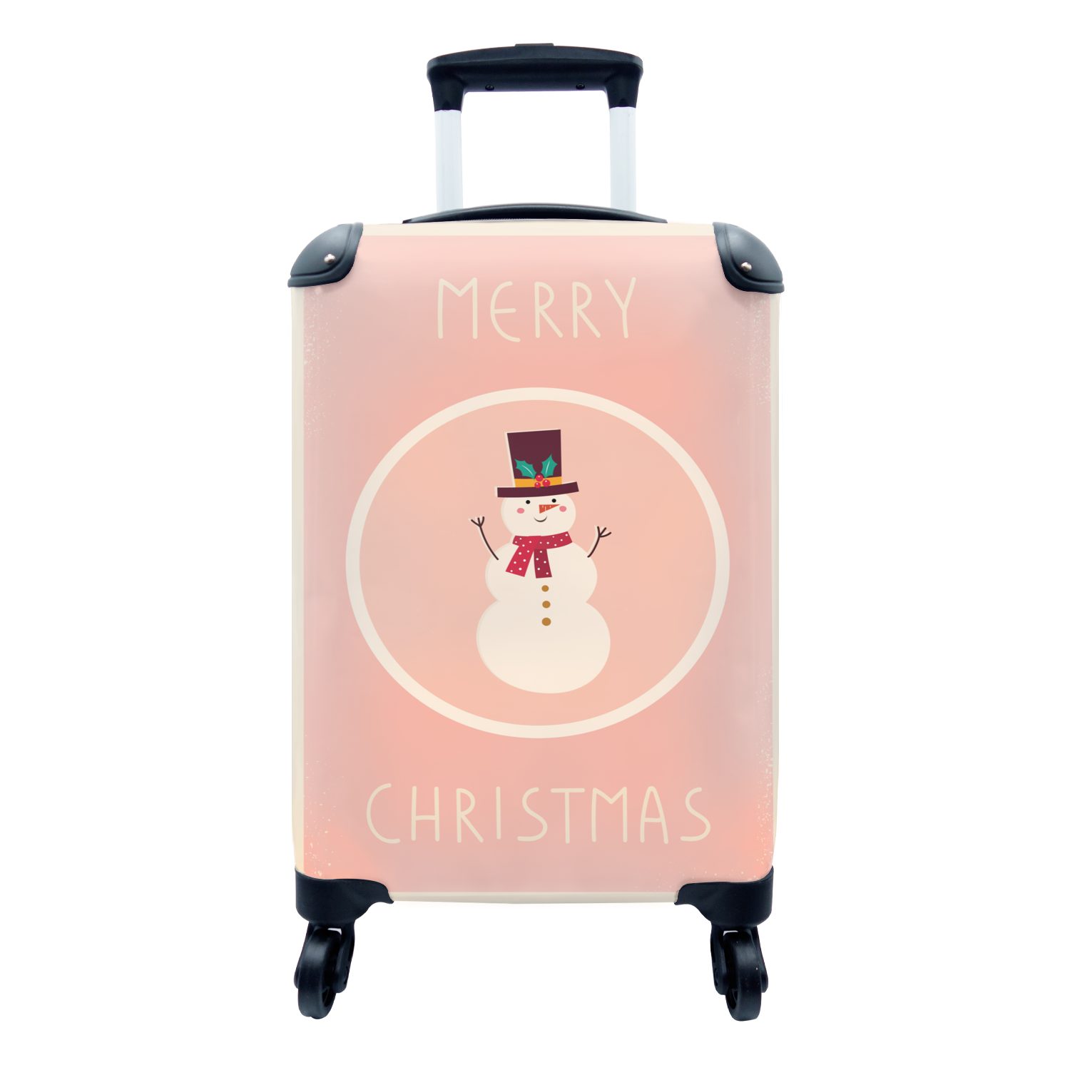 MuchoWow Handgepäckkoffer Schneemann - Zitate - Weihnachten - Frohe Weihnachten - Rosa - Winter, 4 Rollen, Reisetasche mit rollen, Handgepäck für Ferien, Trolley, Reisekoffer