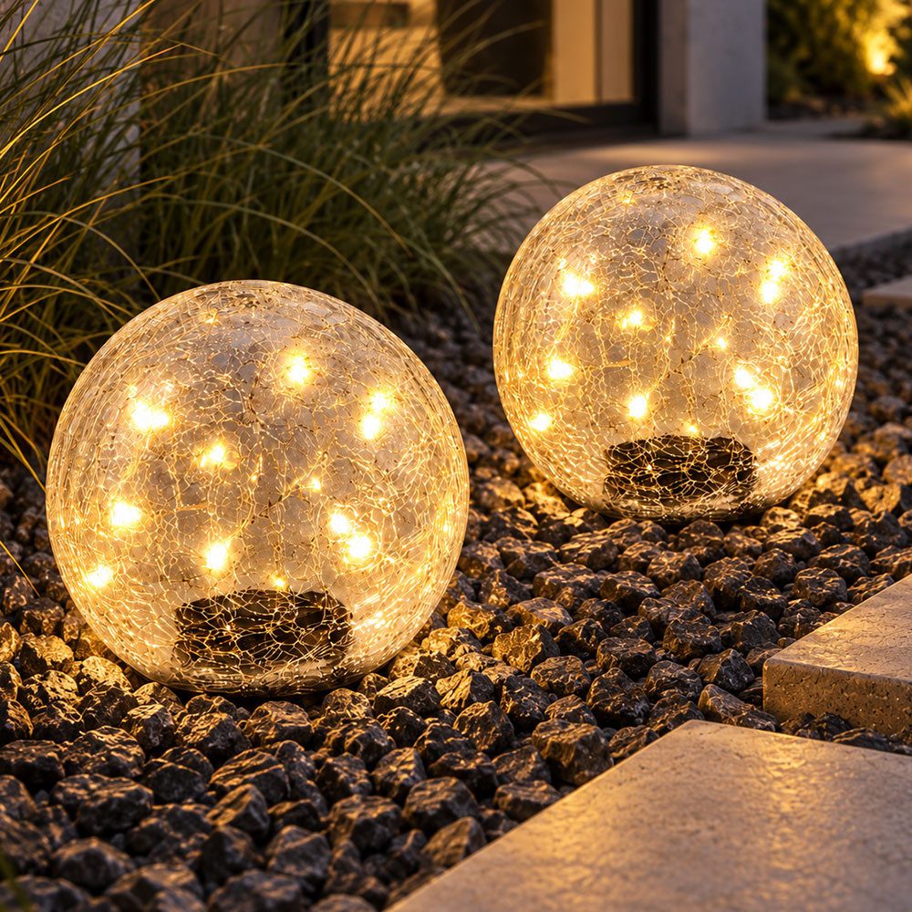 etc-shop LED Solarleuchte, LED-Leuchtmittel fest verbaut, Warmweiß, 2x LED Solarlampe Steckleuchte Erdspieß Glas Kugel Crackle D 20 cm