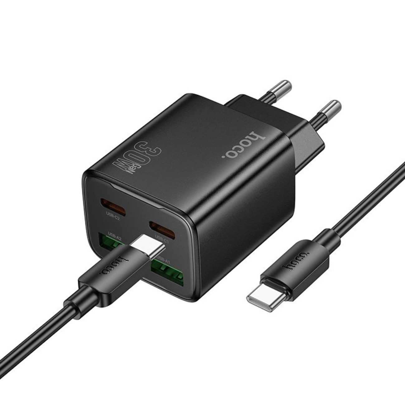 hoco. N56 USB-Ladegerät (3000 mA, Einzelartikel, Inklusive 1 m USB-C-auf-USB-C-Kabel, PD + QC3.0 Schnellladefunktion, 30W Mehrfachladegerät)