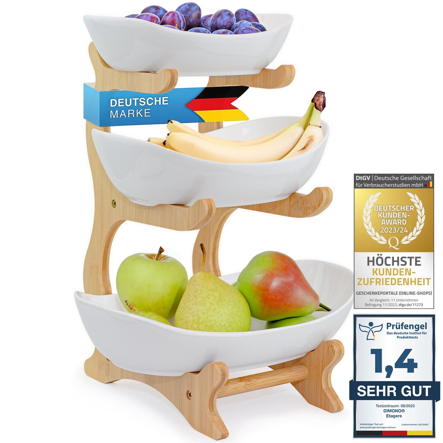 Dimono Etagere Dimono Deluxe 3-stöckige Etagere – Servierständer aus Natur-Schiefer, Keramik, (3-Etagen Servierschalen, Obst- & Gemüseschale), Servierschalen für Desserts, Obst, Gemüse, Süßes uvm.