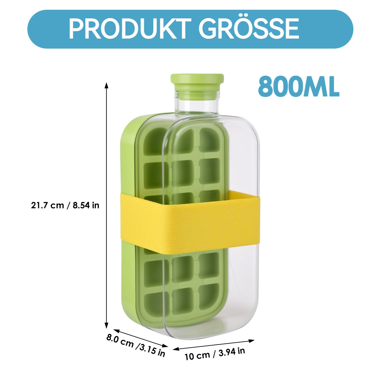 BlingBin Eiswürfelform 2 in 1 Silikon Eiswürfelbehälter mit Deckel und Strohhalm, Eisbox, (800 ml Wasserkocher Berührungslose Wasserflasche mit Eiswürfelform 1-tlg), 18 Stück Eiswürfe Eiswürfelbehälter Ice Cube Tray für Cocktails Whisky