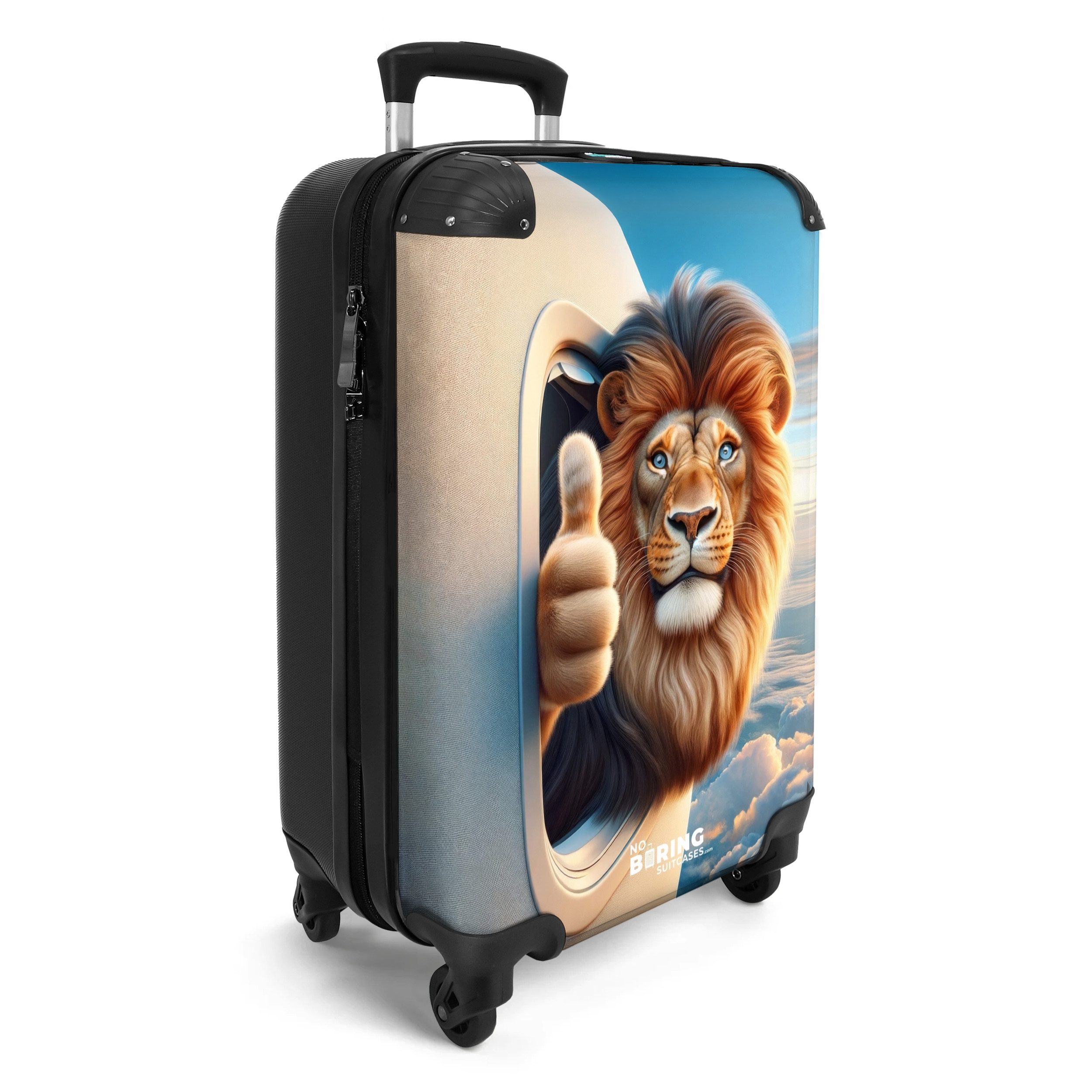 NoBoringSuitcases.com© Kinderkoffer Löwe mit erhobenem Daumen aus einem Flugzeugfenster 55x35x20cm, Handgepäck Koffer, Hartschalenkoffer Kinder, Reisekoffer Jun – Bild 2 von 5