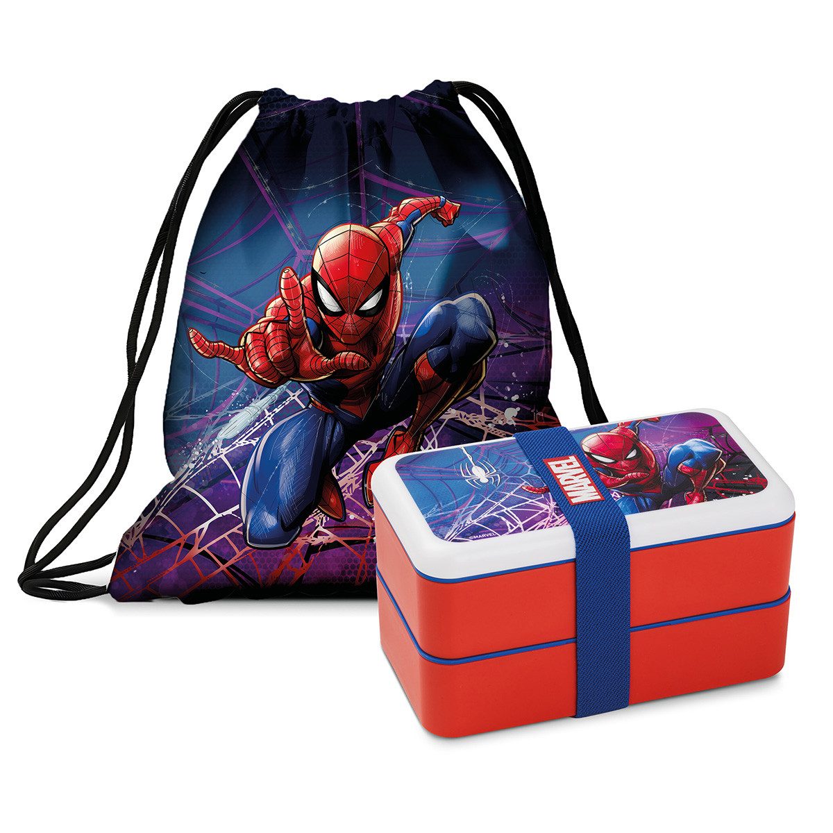GILDE Lunchbox MARVEL - SPIDER MAN - Lunchbox + Beutel - Kunststoff - mehrfarbig, Kunststoff, (1x Lunchbox + 1x Beutel, Beutel - Dose - Aufbewahrung), Rucksack - Essensbox - Brotdose - Turnbeutel