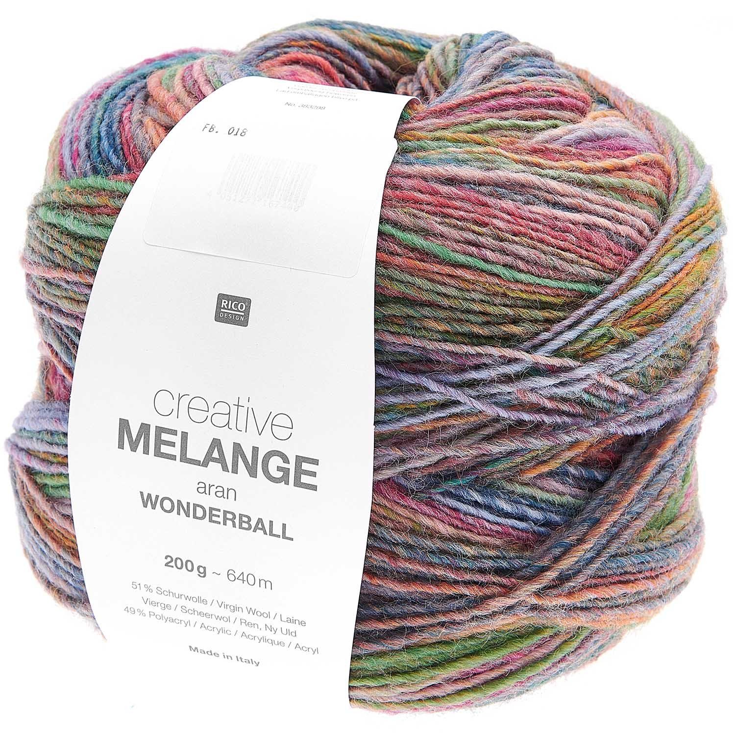 Rico Design Creative Melange Aran Wonderball Häkelwolle, 640,00 m (Wolle mit Farbverlauf zum stricken oder häkeln, Strickgarn Handstrickgarn Strickwolle, 200g), dicke Farbverlaufswolle