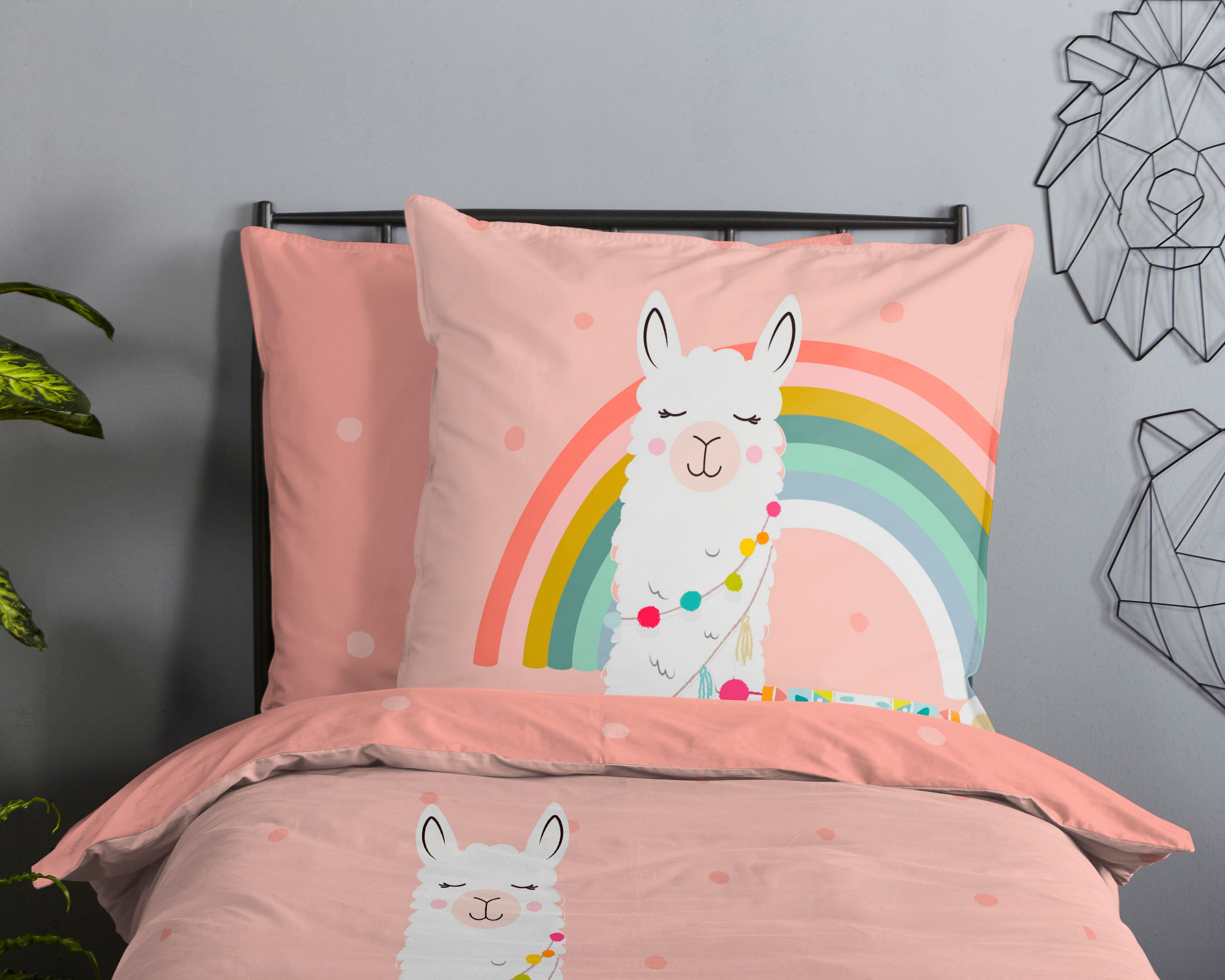 good morning Kinderbettwäsche Llamaa, Renforcé, 2 teilig, Baumwolle, 135x200, Reißverschluss, Wende, Kind, Mädchen, Lama, Rosa – Bild 3 von 5