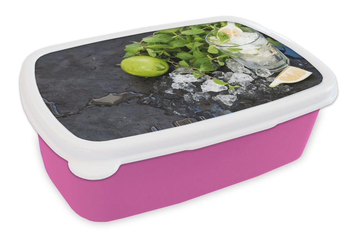 MuchoWow Lunchbox Cocktail - Mojito - Eiswürfel, Kunststoff, (2-tlg), Brotbox für Erwachsene, Brotdose Kinder, Snackbox, Mädchen, Kunststoff rosa | Lunchboxen