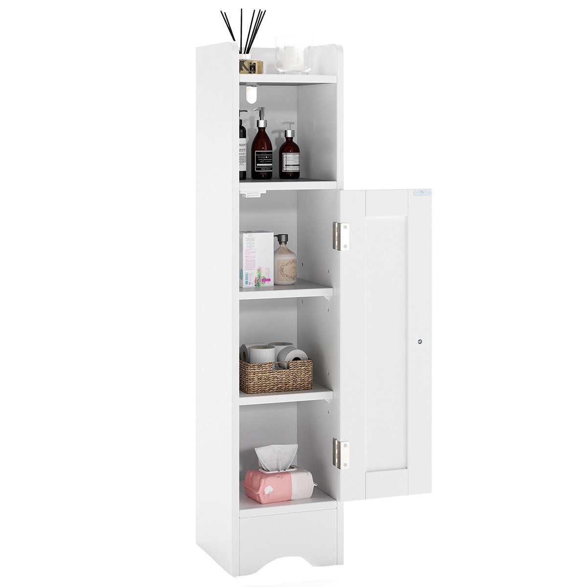 COSTWAY Badkommode, Badezimmerschrank schmal mit verstellbaren Ablagen, weiß