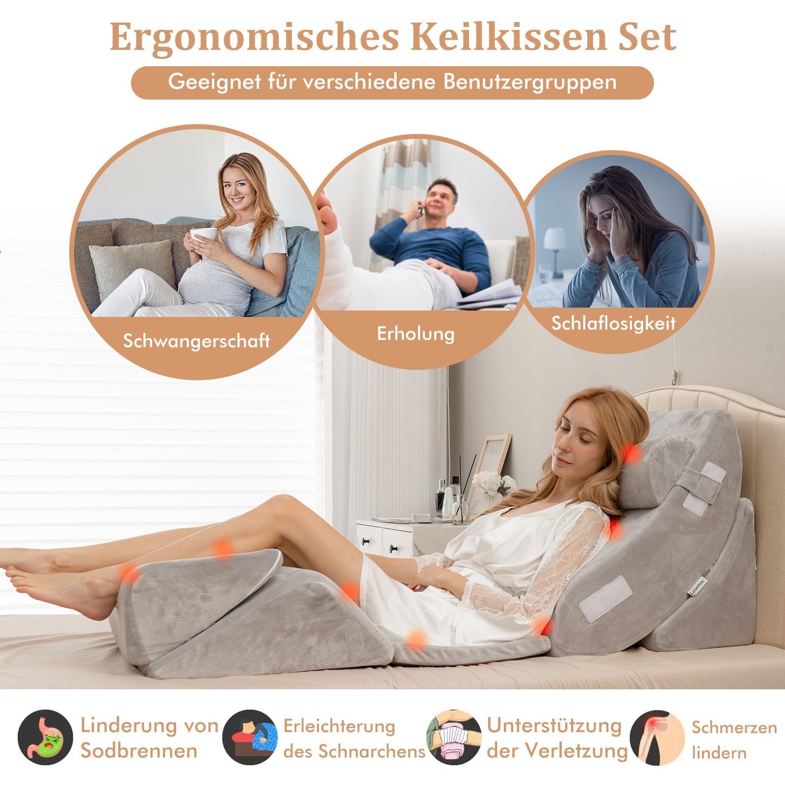 COSTWAY Keilkissen, 6-tlg., abnehmbare Kopfstütze, verstellbares Lesekissen