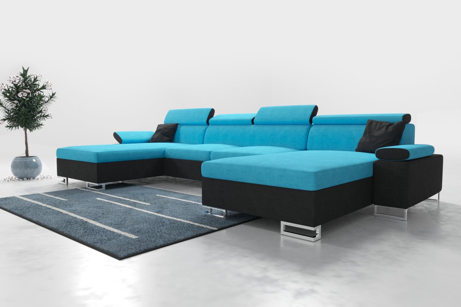 ROYAL24_MARKT Polstergarnitur Moderne Eleganz: Polsterecke Ecksofa 260 CU1, (Premium Couchgarnitur, mit Schlaffunktion und Stauraum), - Integrierter Stauraum - Schlaffunktion - Hochwertige Materialien Hellblau - Schwarz
